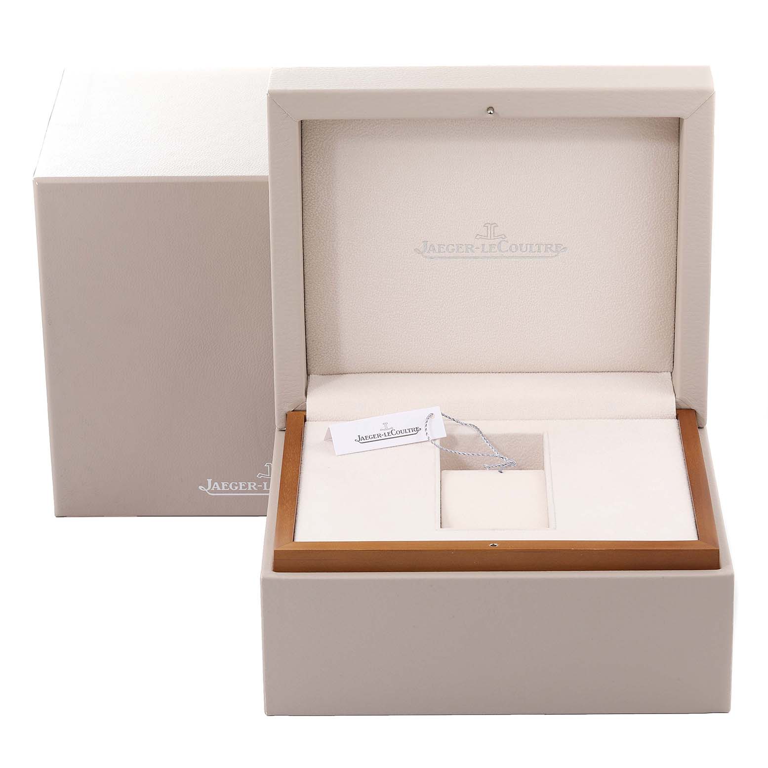 The image shows the open box of a Jaeger LeCoultre Reverso Q3738420 Men
s Stainless Steel Silver Dial Q3738420 Men
s Stainless Steel Silver Dial watch at a front angle.