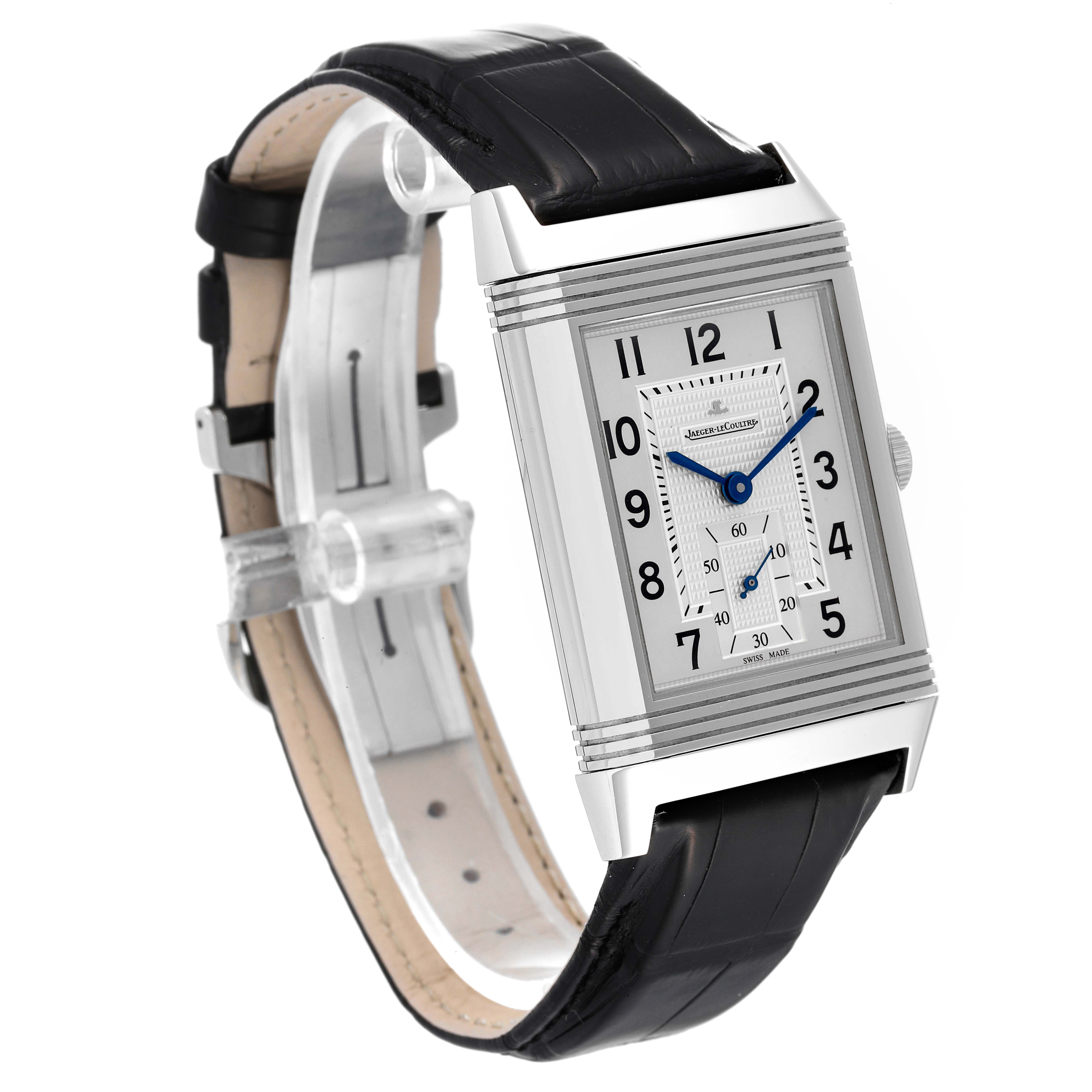 This image shows a Jaeger LeCoultre Reverso Q3738420 Men
s Stainless Steel Silver Dial Q3738420 Men
s Stainless Steel Silver Dial watch at a slight angle, displaying its rectangular dial and black leather strap.