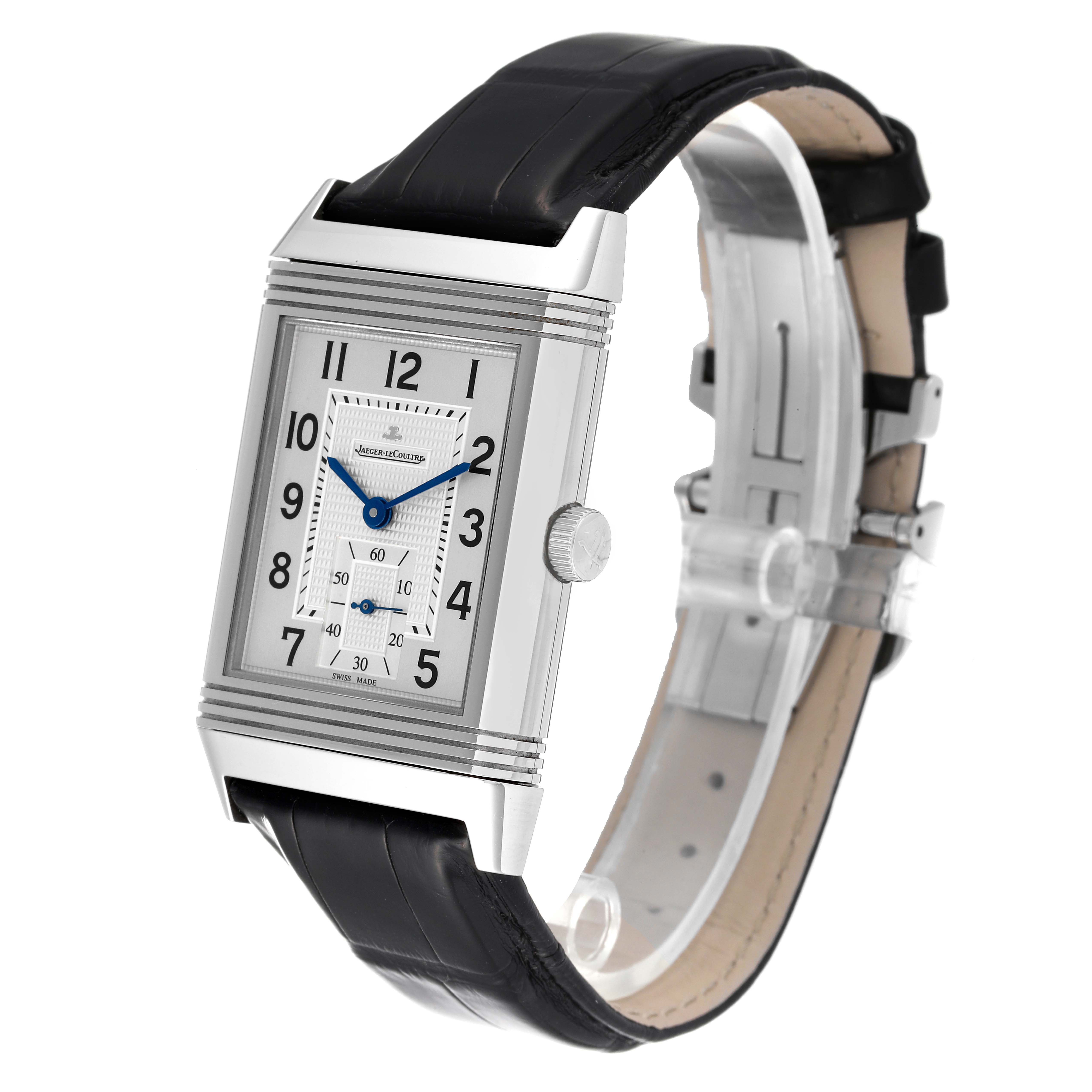 This image shows a Jaeger LeCoultre Reverso Q3738420 Men
s Stainless Steel Silver Dial Q3738420 Men
s Stainless Steel Silver Dial watch angled from the front-left, displaying its rectangular dial and black leather strap.
