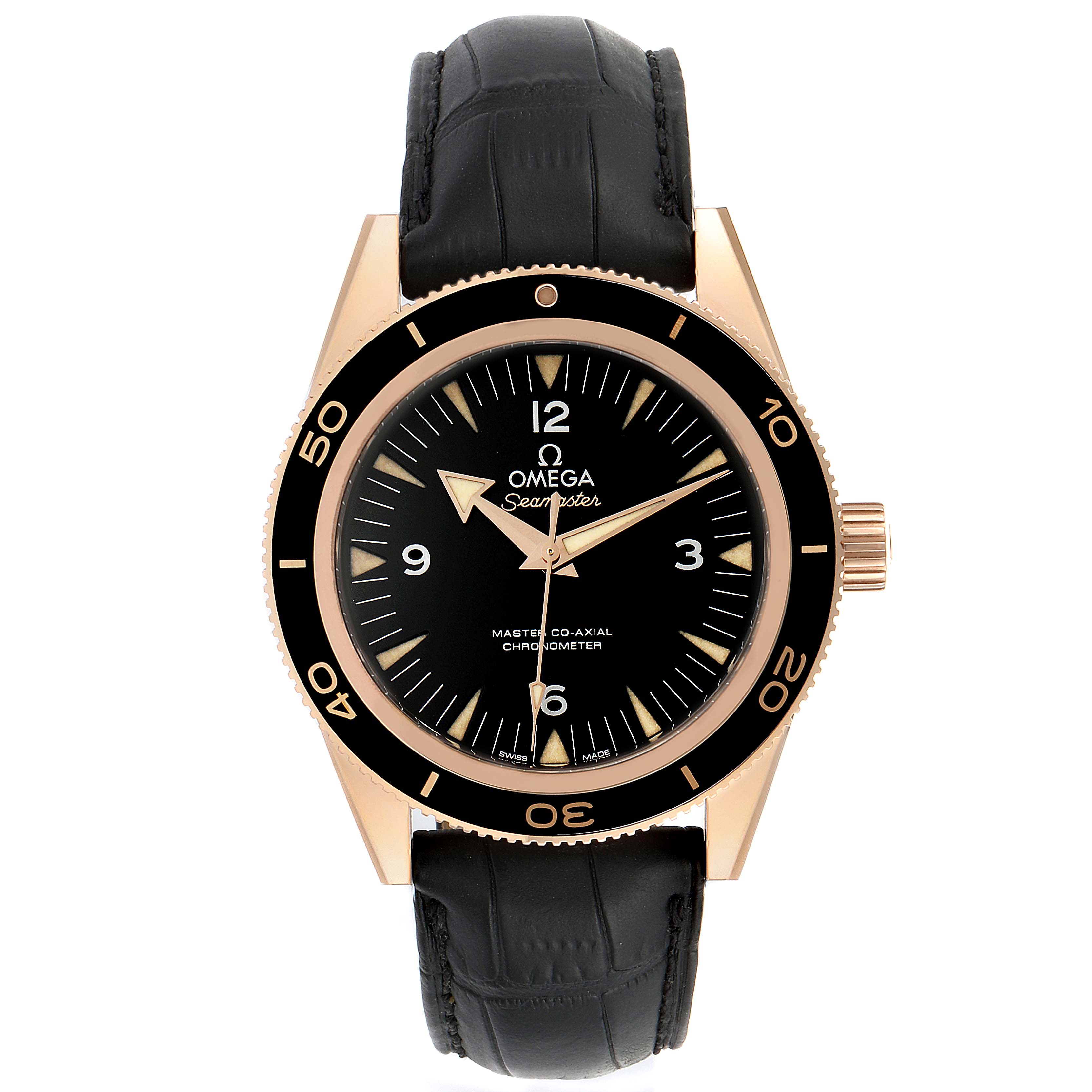 The image shows a front view of an Omega Seamaster 233.62.41.21.01.002 Men's Rose Gold Black Dial 233.62.41.21.01.002 Men's Rose Gold Black Dial watch displaying its black dial, golden bezel, and black leather strap.