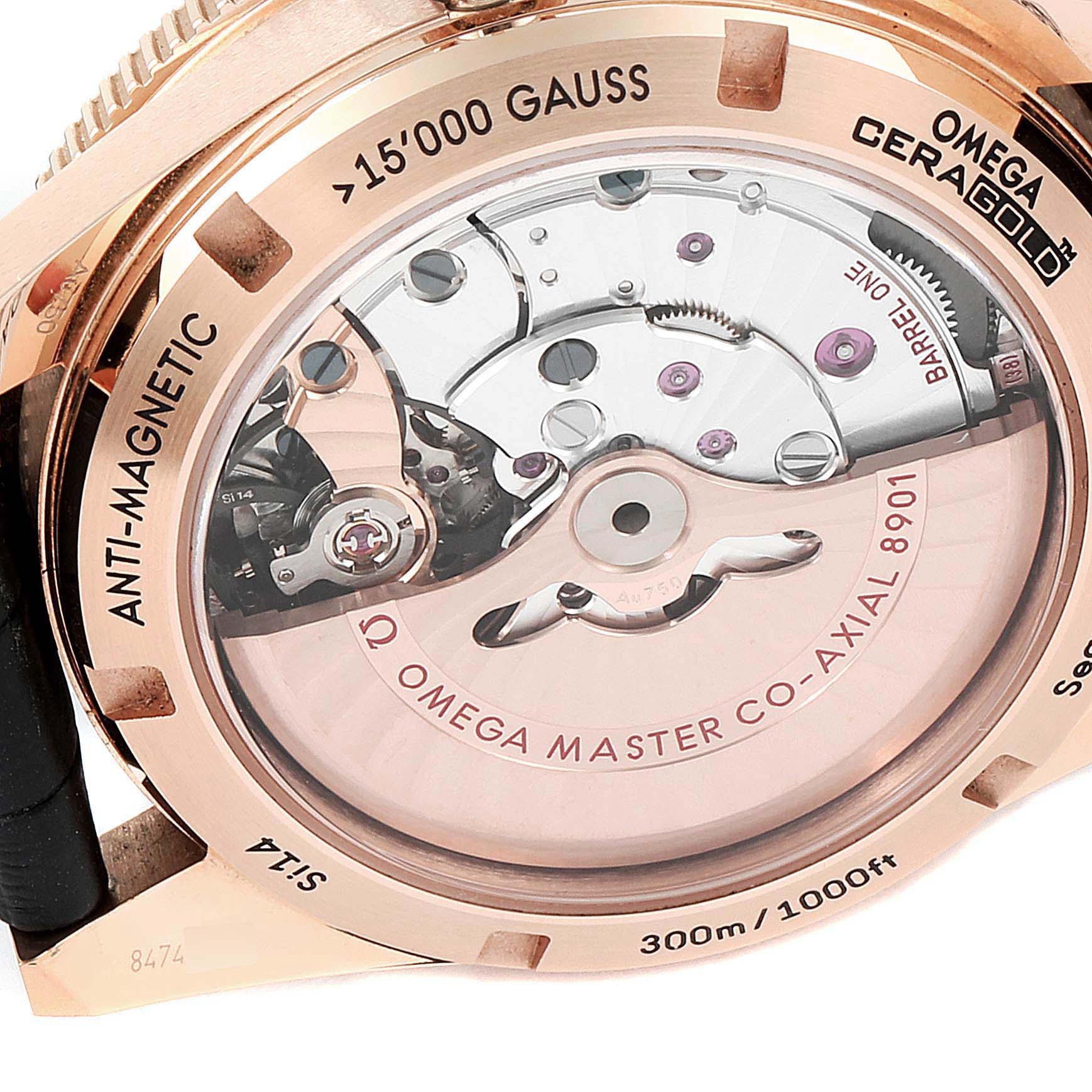 This image shows the case back of an Omega Seamaster 233.62.41.21.01.002 Men's Rose Gold Black Dial 233.62.41.21.01.002 Men's Rose Gold Black Dial watch, highlighting the movement and inner workings.