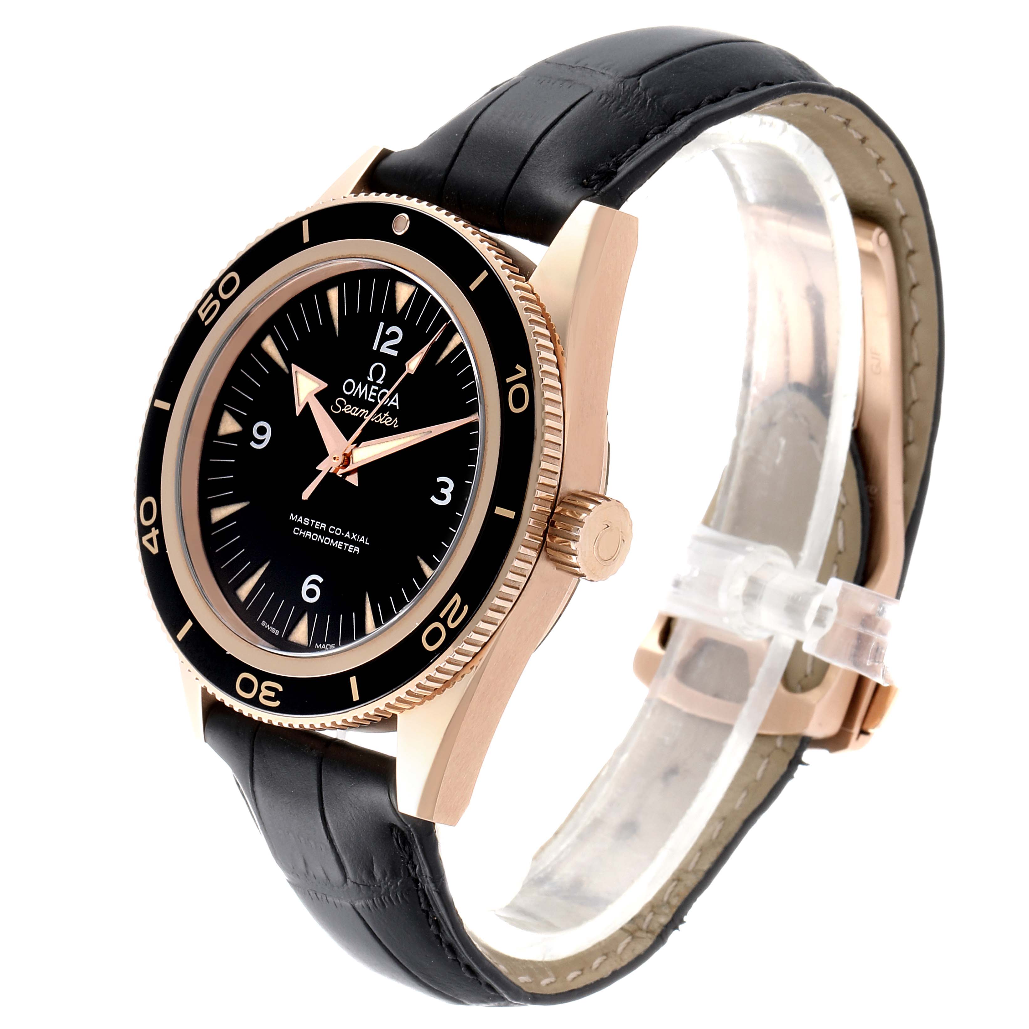The Omega Seamaster 233.62.41.21.01.002 Men's Rose Gold Black Dial 233.62.41.21.01.002 Men's Rose Gold Black Dial watch is shown at an angled side view, highlighting its face, bezel, and strap.