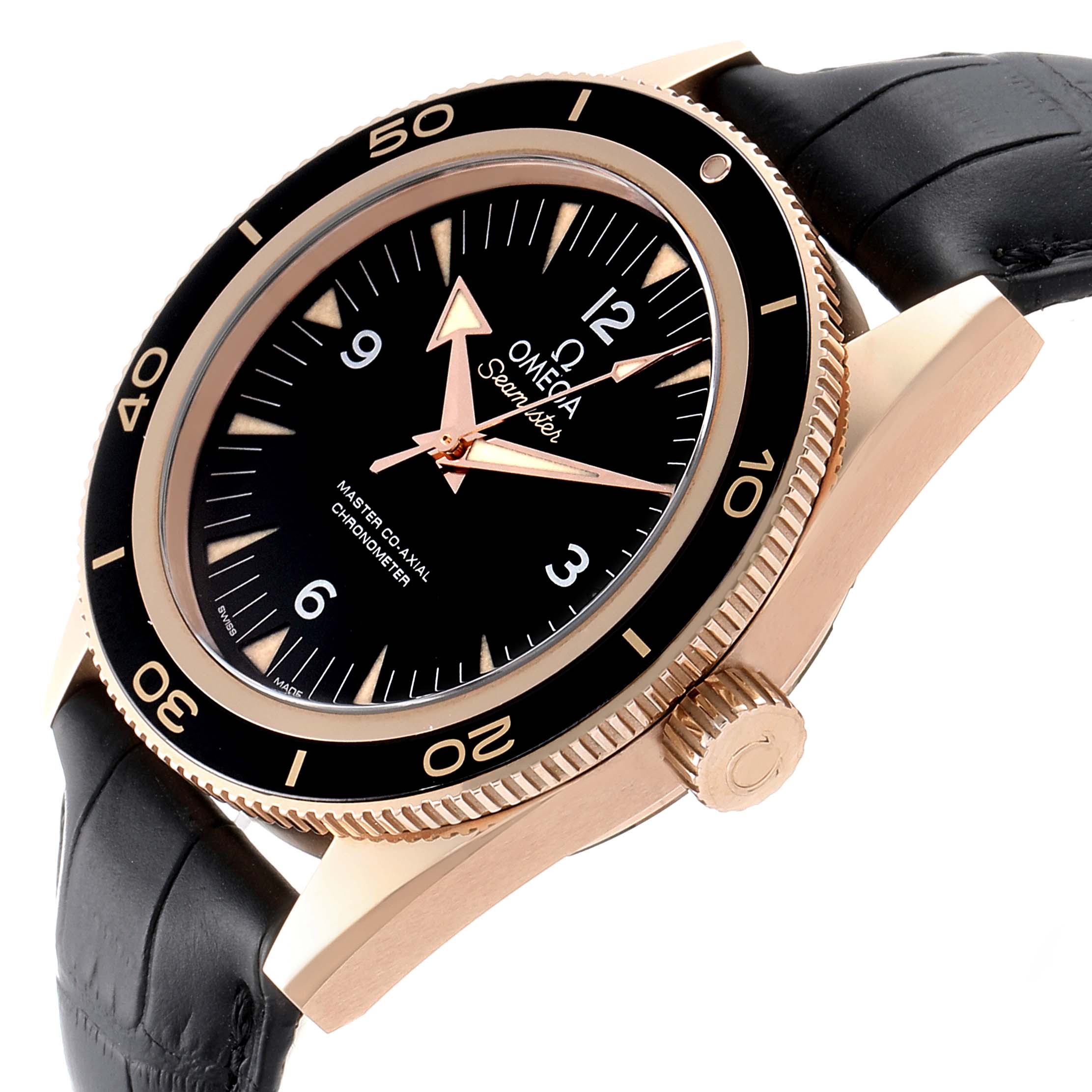 The image shows a side angle of the Omega Seamaster 233.62.41.21.01.002 Men's Rose Gold Black Dial 233.62.41.21.01.002 Men's Rose Gold Black Dial watch highlighting its bezel, crown, and part of the strap.
