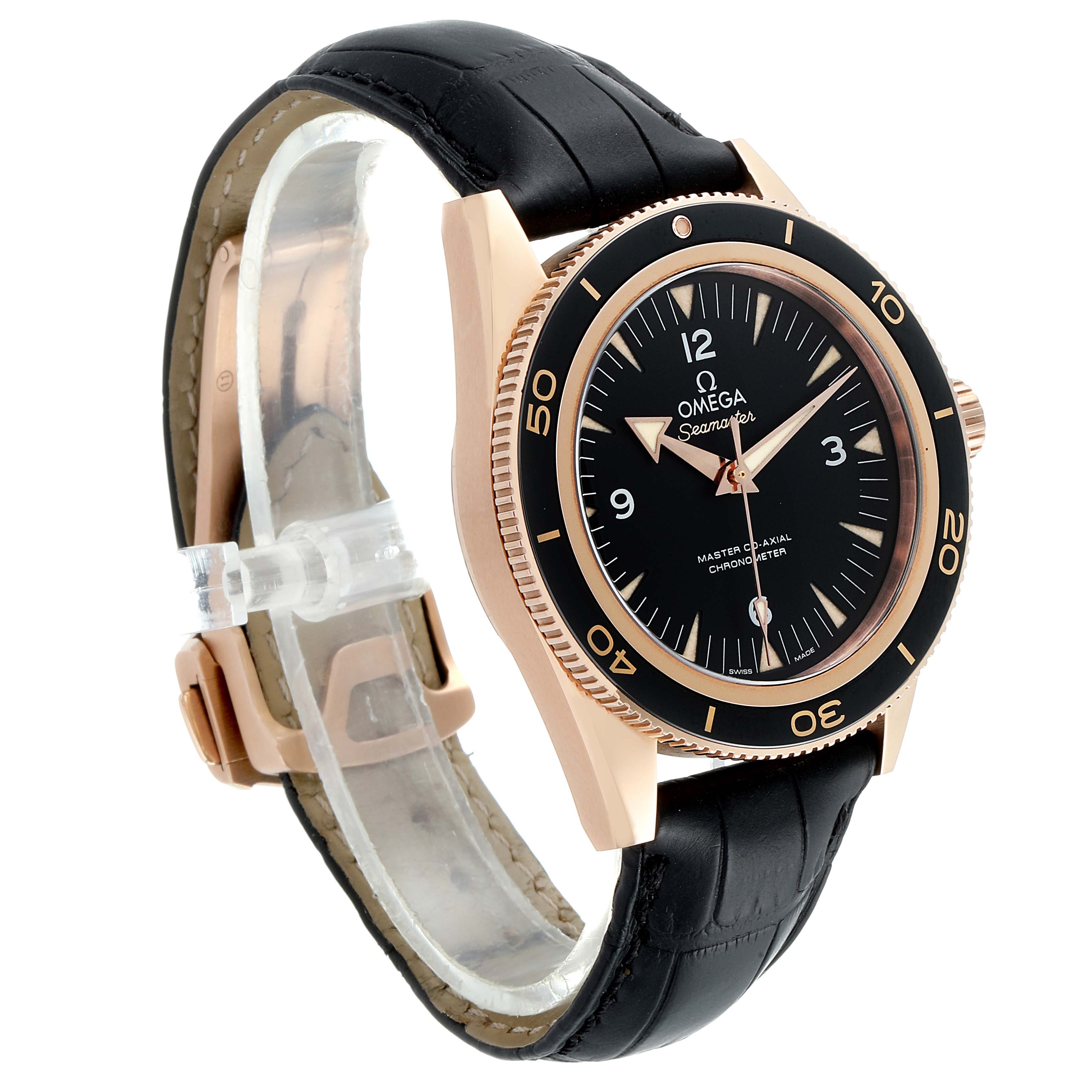 The image shows an Omega Seamaster 233.62.41.21.01.002 Men's Rose Gold Black Dial 233.62.41.21.01.002 Men's Rose Gold Black Dial watch angled from the front left, showcasing the black dial, bezel, and leather strap.
