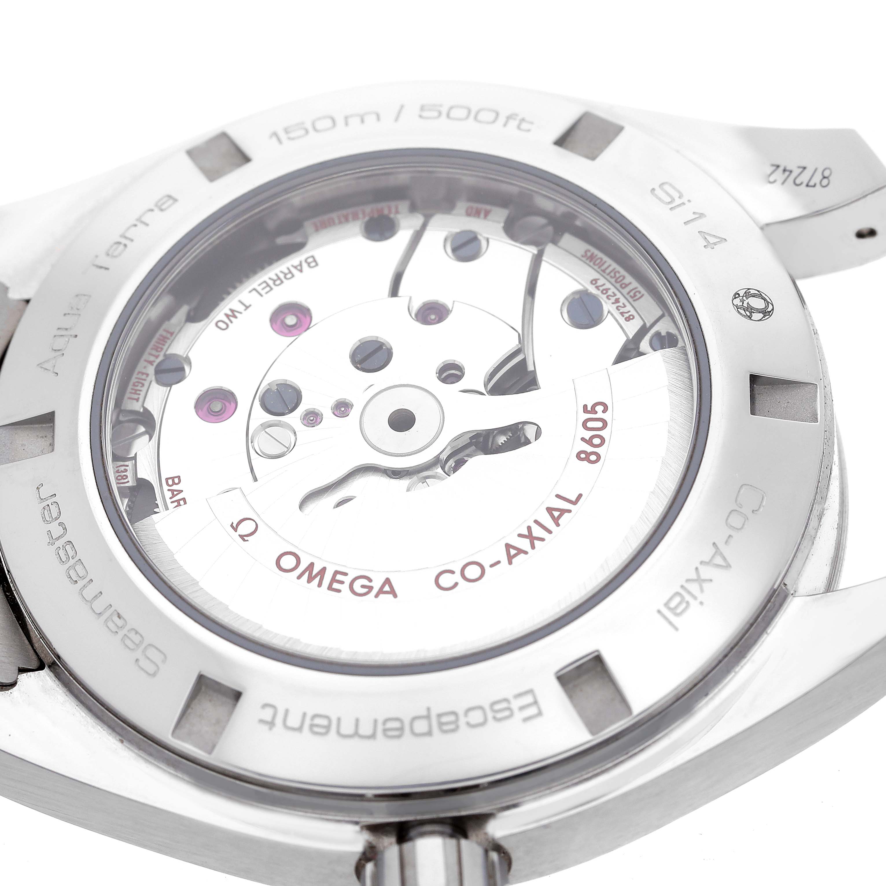 The image shows the back view of the Omega Aqua Terra 231.10.43.22.03.001 Men
s Stainless Steel Blue Dial 231.10.43.22.03.001 Men
s Stainless Steel Blue Dial watch, highlighting its Co-Axial 8505 movement inside the case.