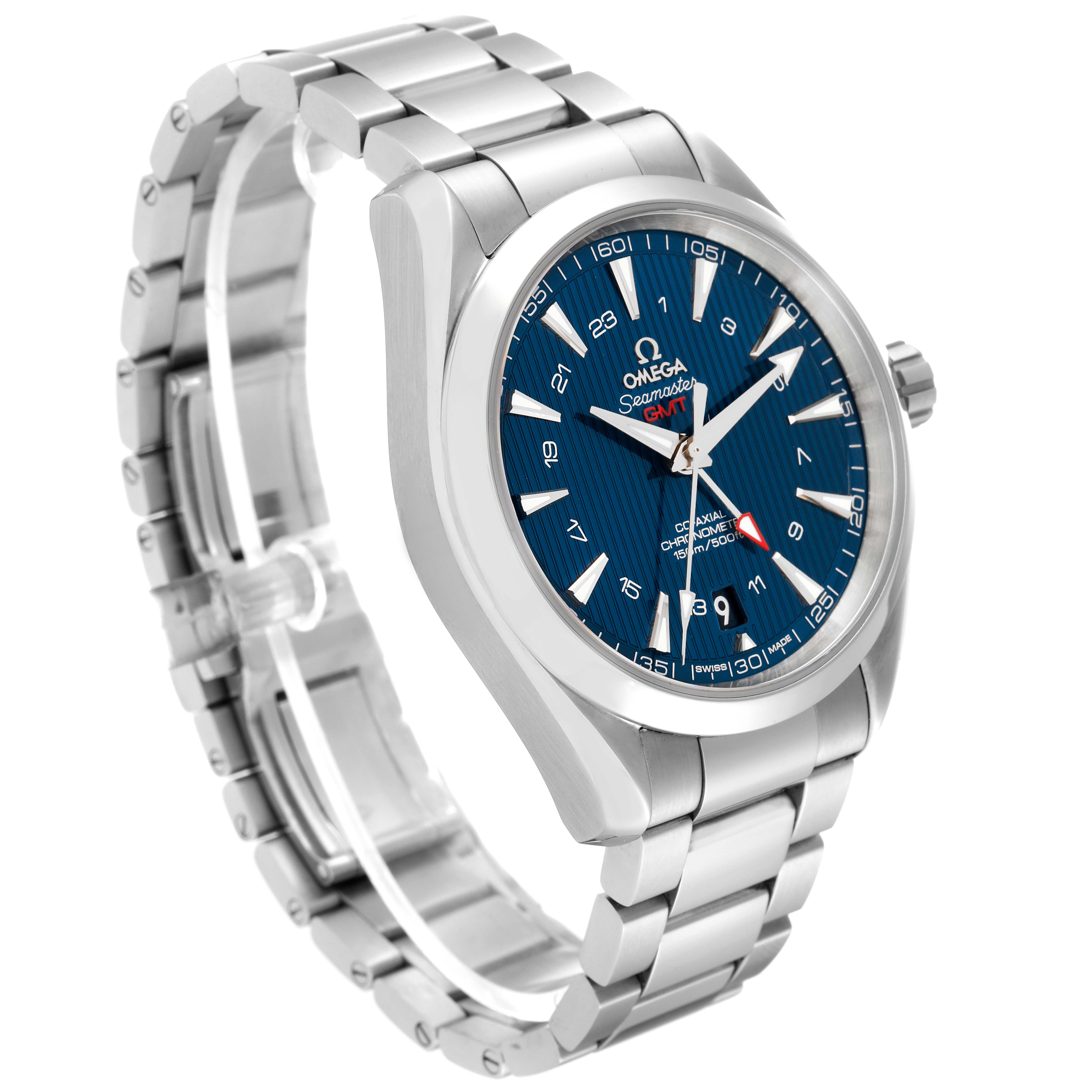 The image shows a side angle of the Omega Aqua Terra 231.10.43.22.03.001 Men
s Stainless Steel Blue Dial 231.10.43.22.03.001 Men
s Stainless Steel Blue Dial watch highlighting its blue dial, stainless steel case, and bracelet.