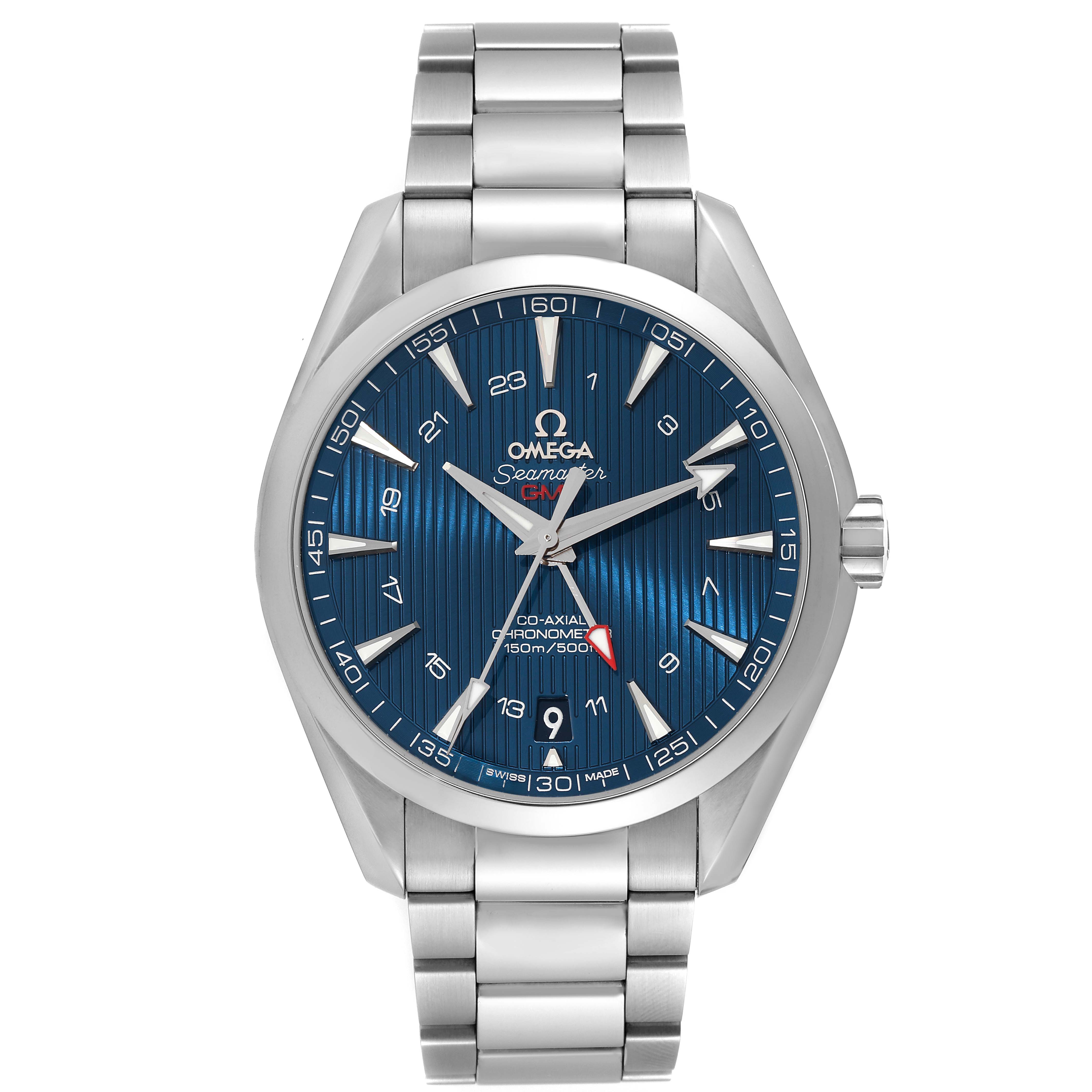 The Omega Aqua Terra 231.10.43.22.03.001 Men
s Stainless Steel Blue Dial 231.10.43.22.03.001 Men
s Stainless Steel Blue Dial watch is shown from the front, displaying the blue dial, silver bracelet, and crown.
