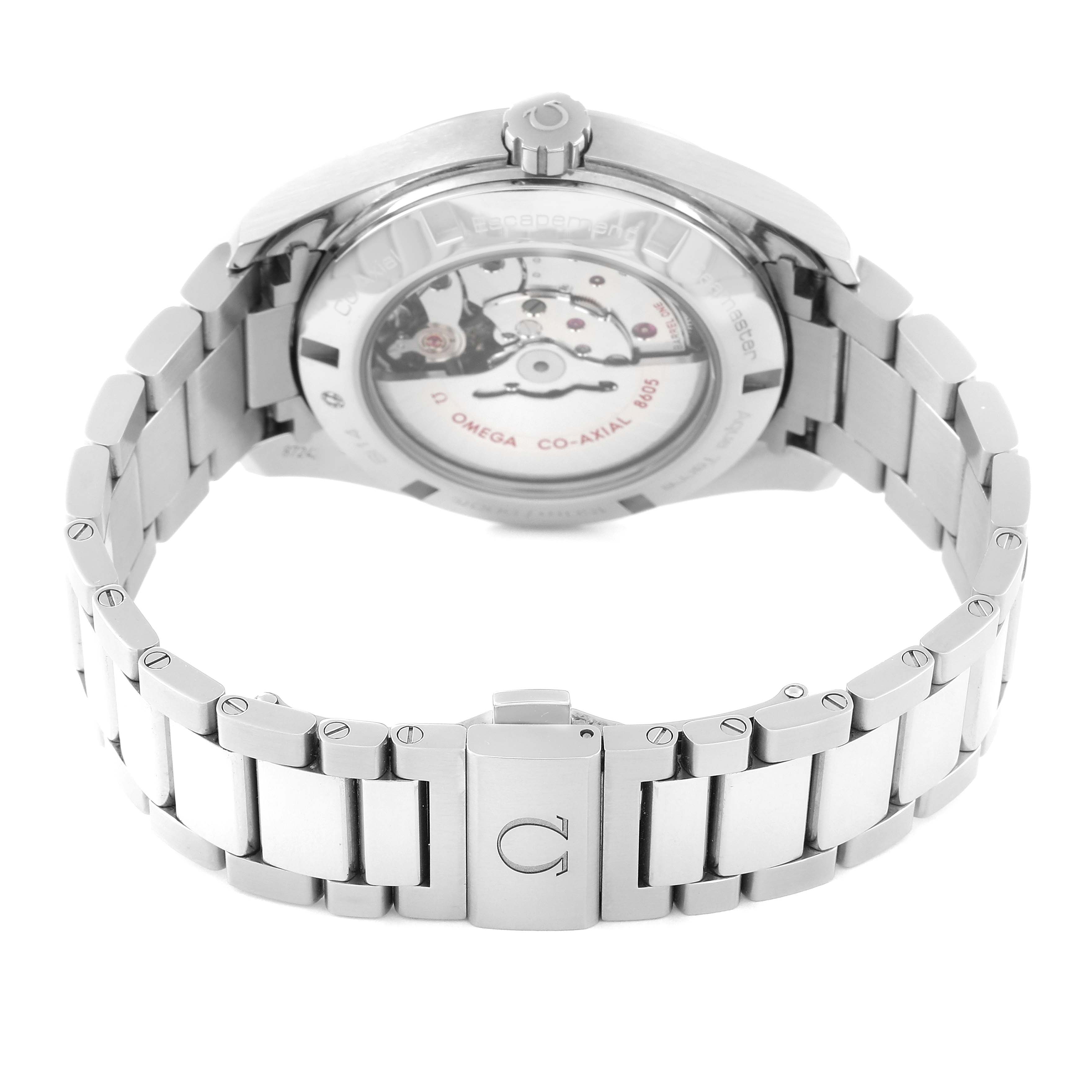 The image shows the back view of the Omega Aqua Terra 231.10.43.22.03.001 Men
s Stainless Steel Blue Dial 231.10.43.22.03.001 Men
s Stainless Steel Blue Dial watch, highlighting the transparent case back and metal bracelet.