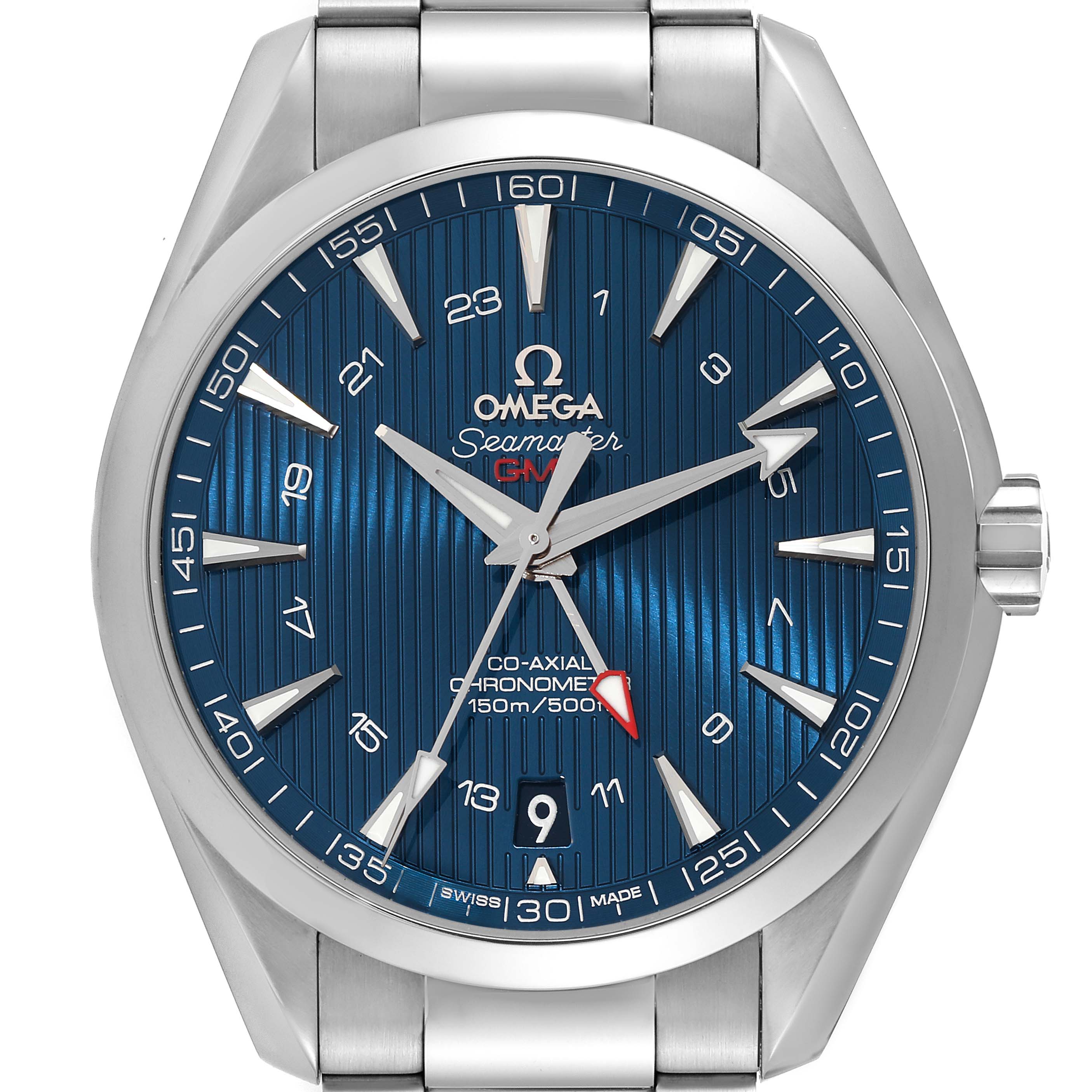 This Omega Aqua Terra 231.10.43.22.03.001 Men
s Stainless Steel Blue Dial 231.10.43.22.03.001 Men
s Stainless Steel Blue Dial model shows the watch face, dial, hands, date window, and stainless steel bracelet from a front angle.