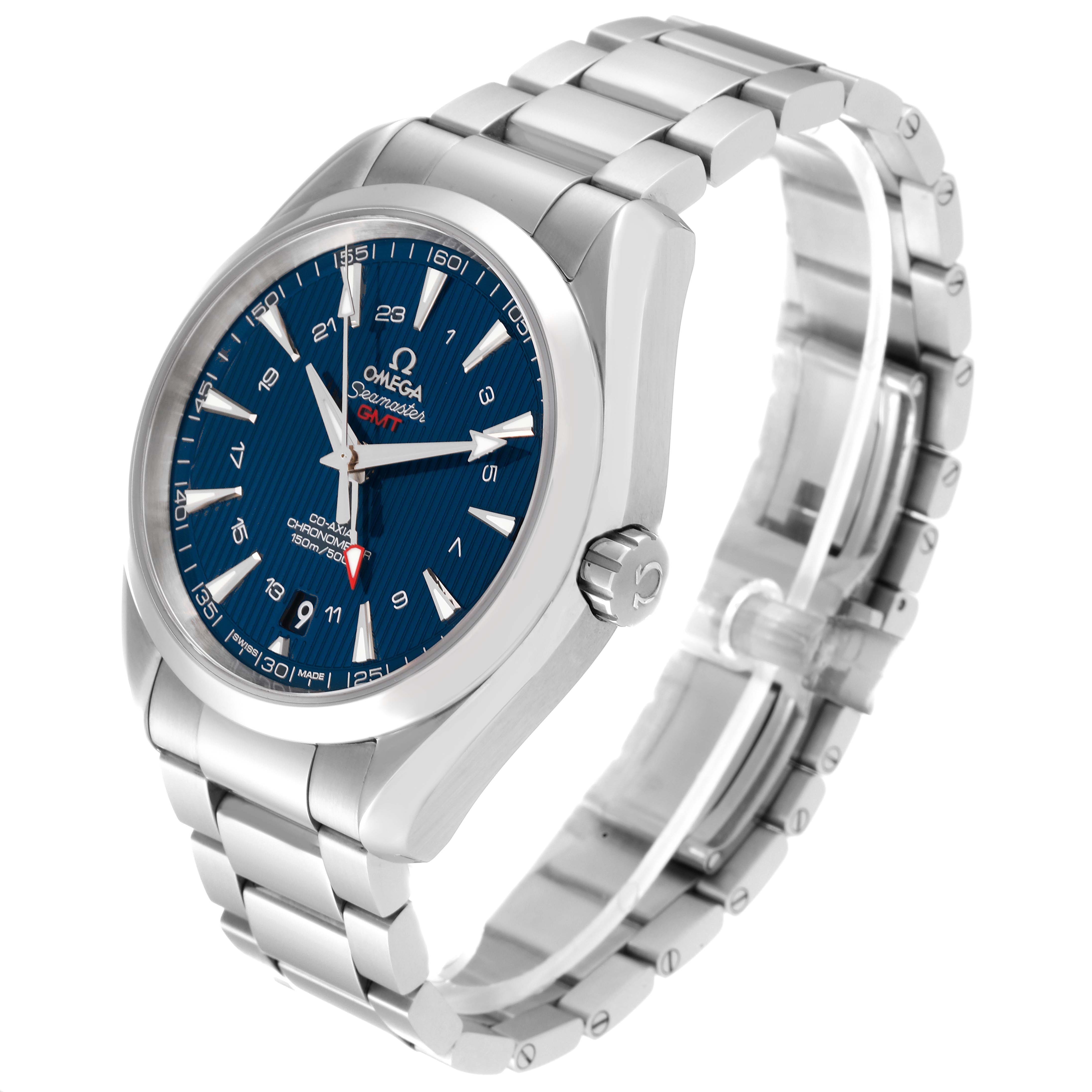 The image shows the Omega Aqua Terra 231.10.43.22.03.001 Men
s Stainless Steel Blue Dial 231.10.43.22.03.001 Men
s Stainless Steel Blue Dial watch from a side angle, highlighting the face, bezel, crown, and stainless steel bracelet.