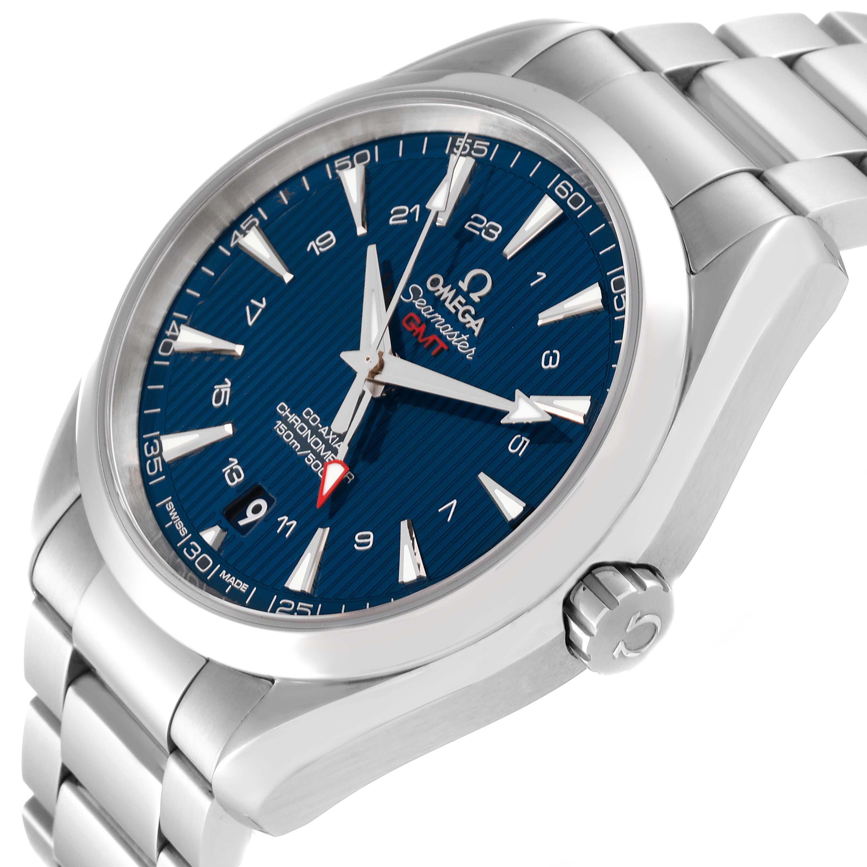 The Omega Aqua Terra 231.10.43.22.03.001 Men
s Stainless Steel Blue Dial 231.10.43.22.03.001 Men
s Stainless Steel Blue Dial watch is shown at an angled close-up, displaying the face, bezel, lugs, and part of the bracelet.