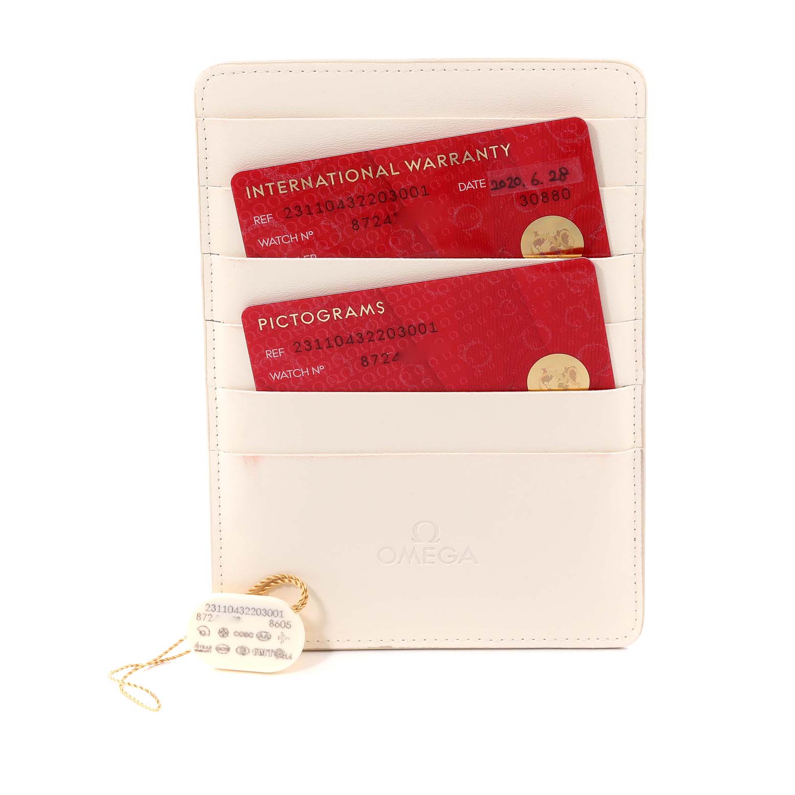 The image shows the international warranty card, pictograms card, and tag for the Omega Aqua Terra 231.10.43.22.03.001 Men
s Stainless Steel Blue Dial 231.10.43.22.03.001 Men
s Stainless Steel Blue Dial model.