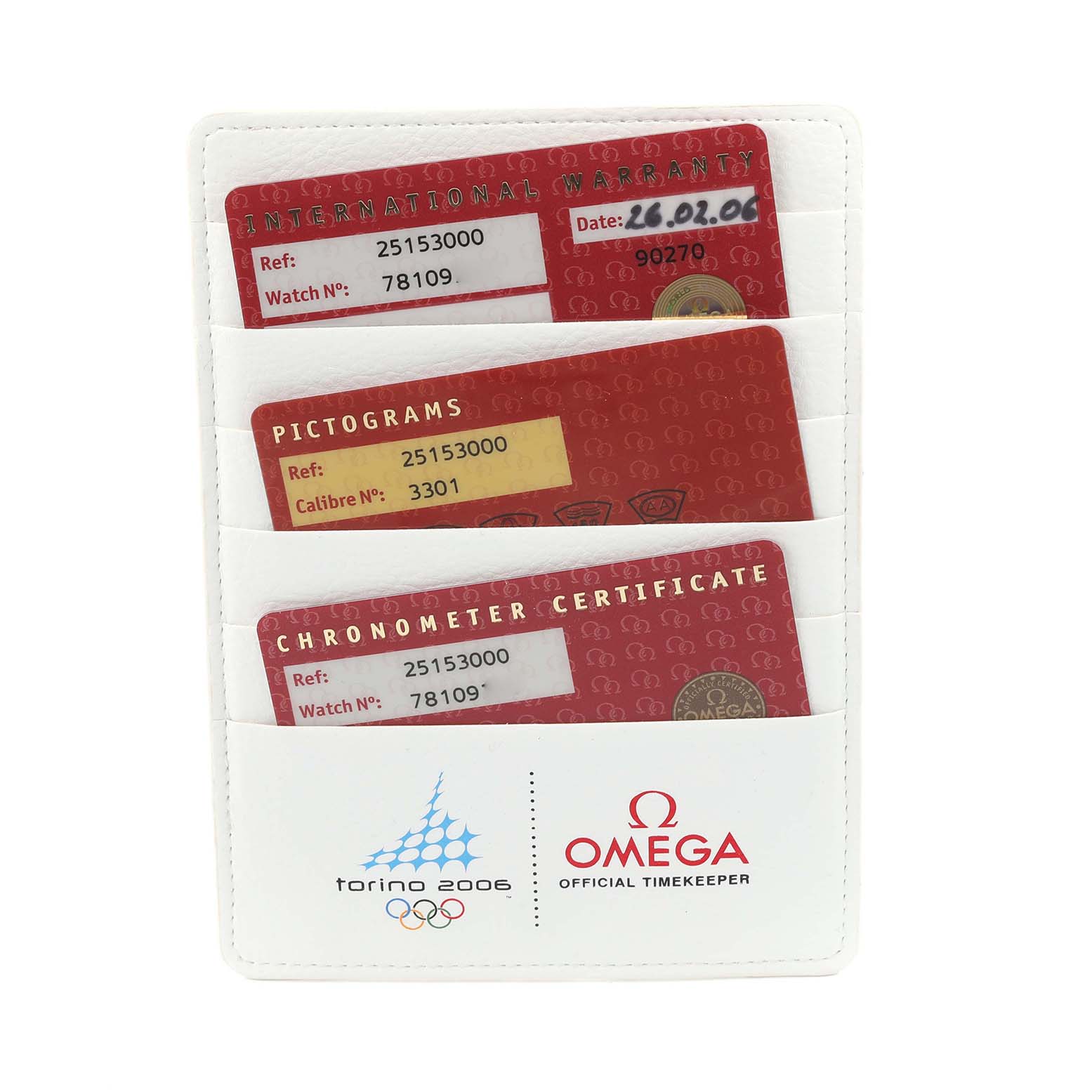 The image shows the Omega Aqua Terra 2515.30.00 Men's Stainless Steel Silver Dial 2515.30.00 Men's Stainless Steel Silver Dial's warranty, pictograms, and chronometer certificate cards in a holder.