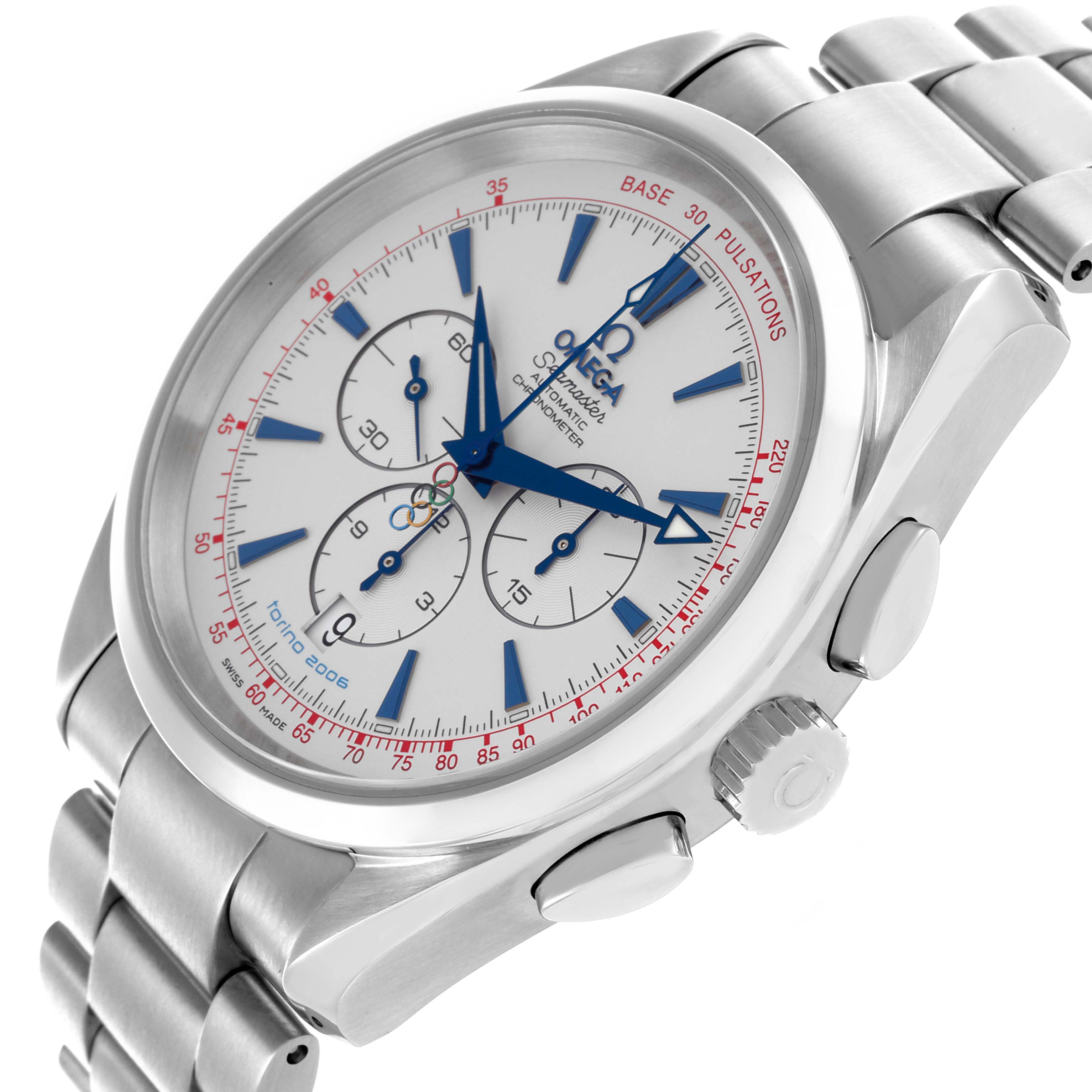 The Omega Aqua Terra 2515.30.00 Men's Stainless Steel Silver Dial 2515.30.00 Men's Stainless Steel Silver Dial watch is shown at an angled view, displaying the dial, bezel, crown, and part of the bracelet.