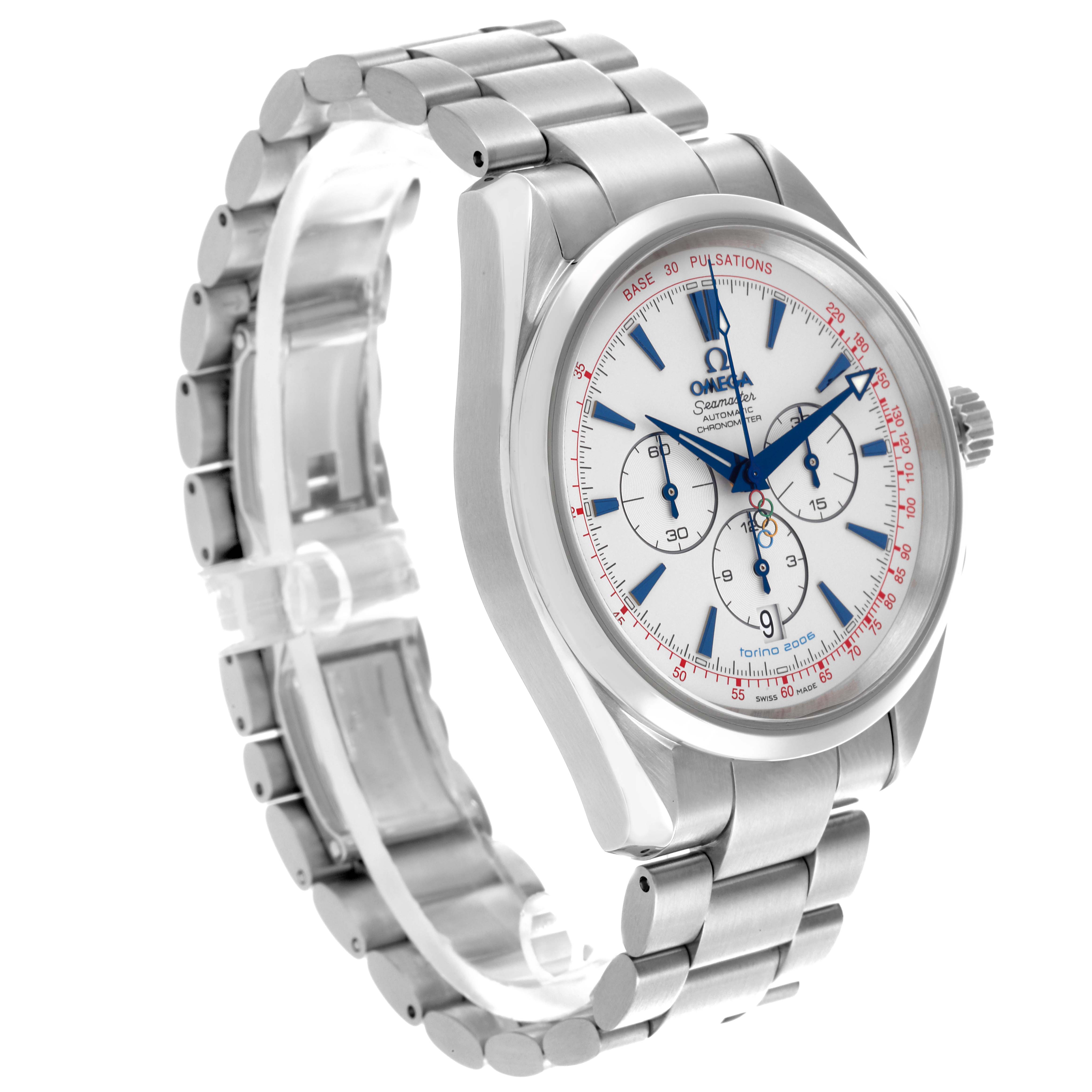 The Omega Aqua Terra 2515.30.00 Men's Stainless Steel Silver Dial 2515.30.00 Men's Stainless Steel Silver Dial watch is shown at a three-quarter angle, highlighting the face, bezel, bracelet, and side profile.