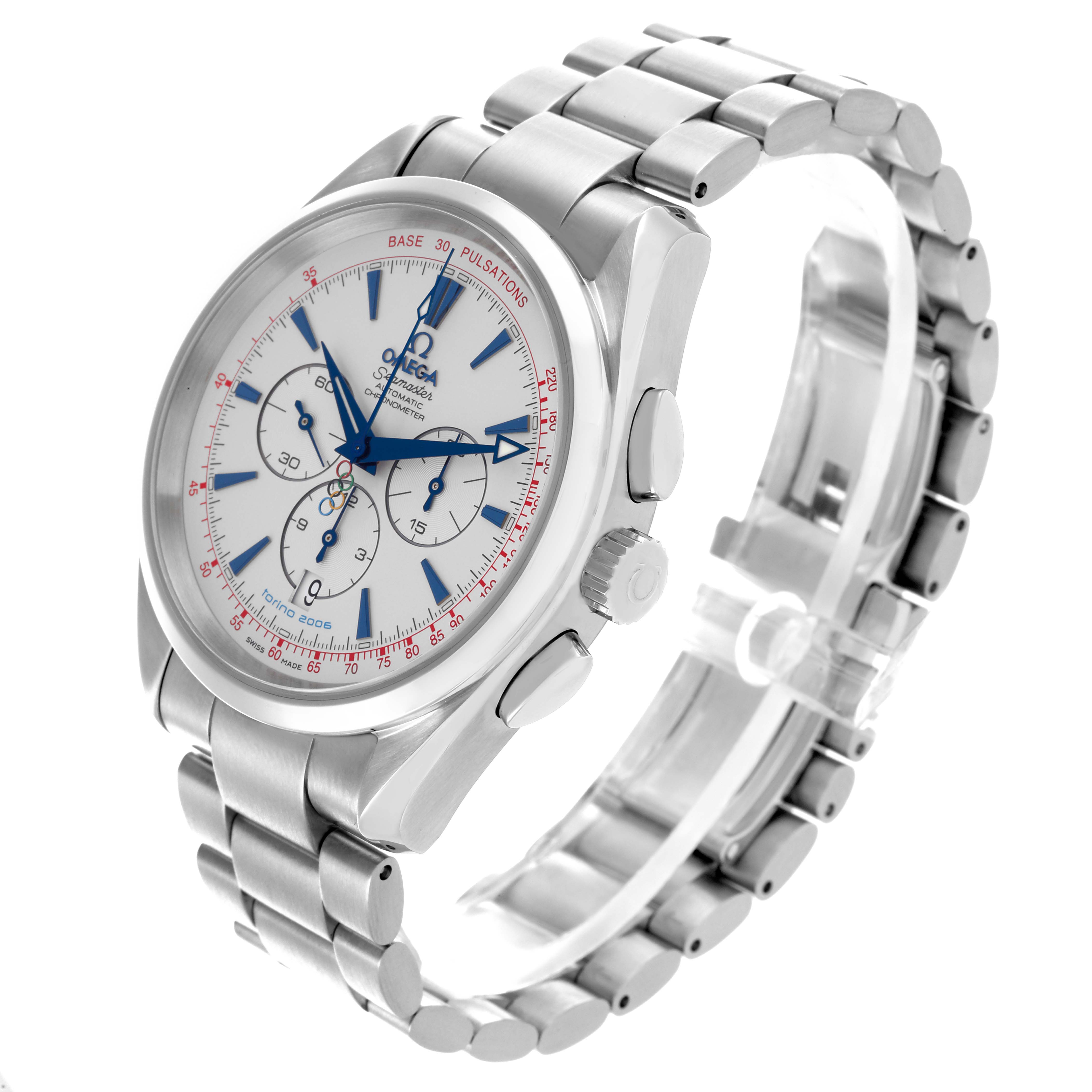 The Omega Aqua Terra 2515.30.00 Men's Stainless Steel Silver Dial 2515.30.00 Men's Stainless Steel Silver Dial watch is shown at an angle highlighting the face, bezel, crown, and stainless steel bracelet.