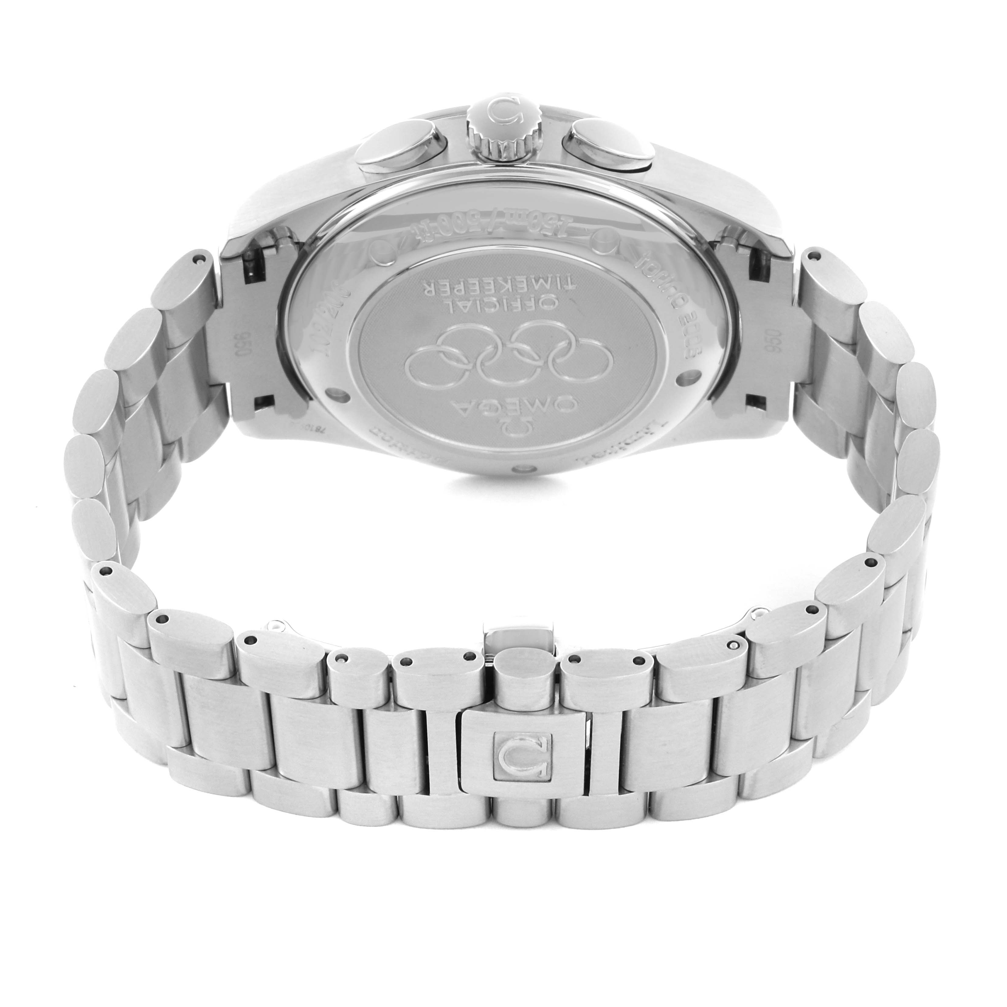 The image shows the back case and bracelet of the Omega Aqua Terra 2515.30.00 Men's Stainless Steel Silver Dial 2515.30.00 Men's Stainless Steel Silver Dial watch from a rear angle.