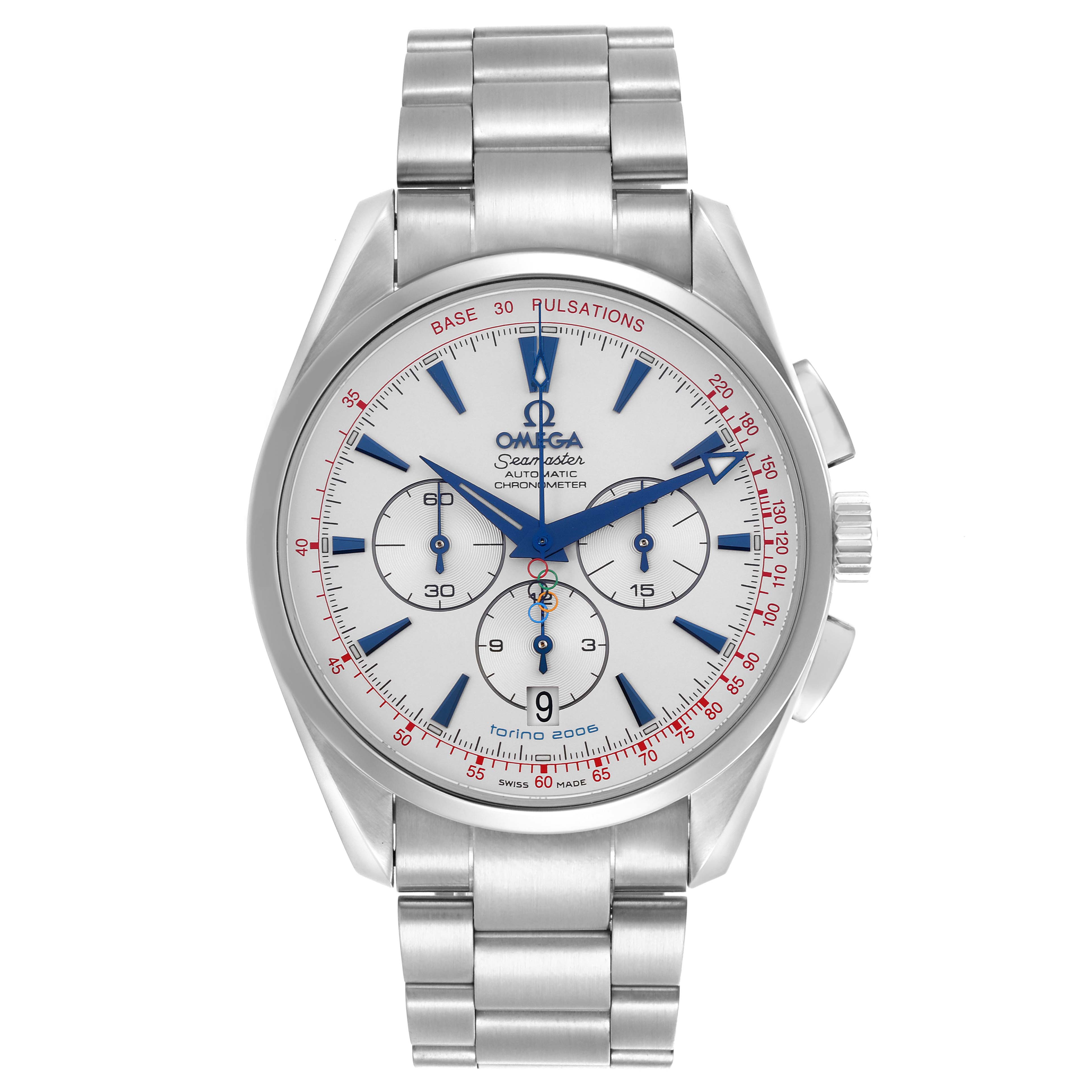 The Omega Aqua Terra 2515.30.00 Men's Stainless Steel Silver Dial 2515.30.00 Men's Stainless Steel Silver Dial watch is shown from the front, displaying its face, hands, subdials, and bracelet.