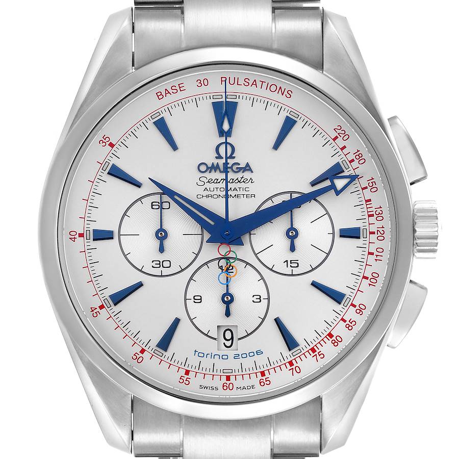 The Omega Aqua Terra watch is shown from the front, displaying the dial, hands, and chronograph sub-dials.