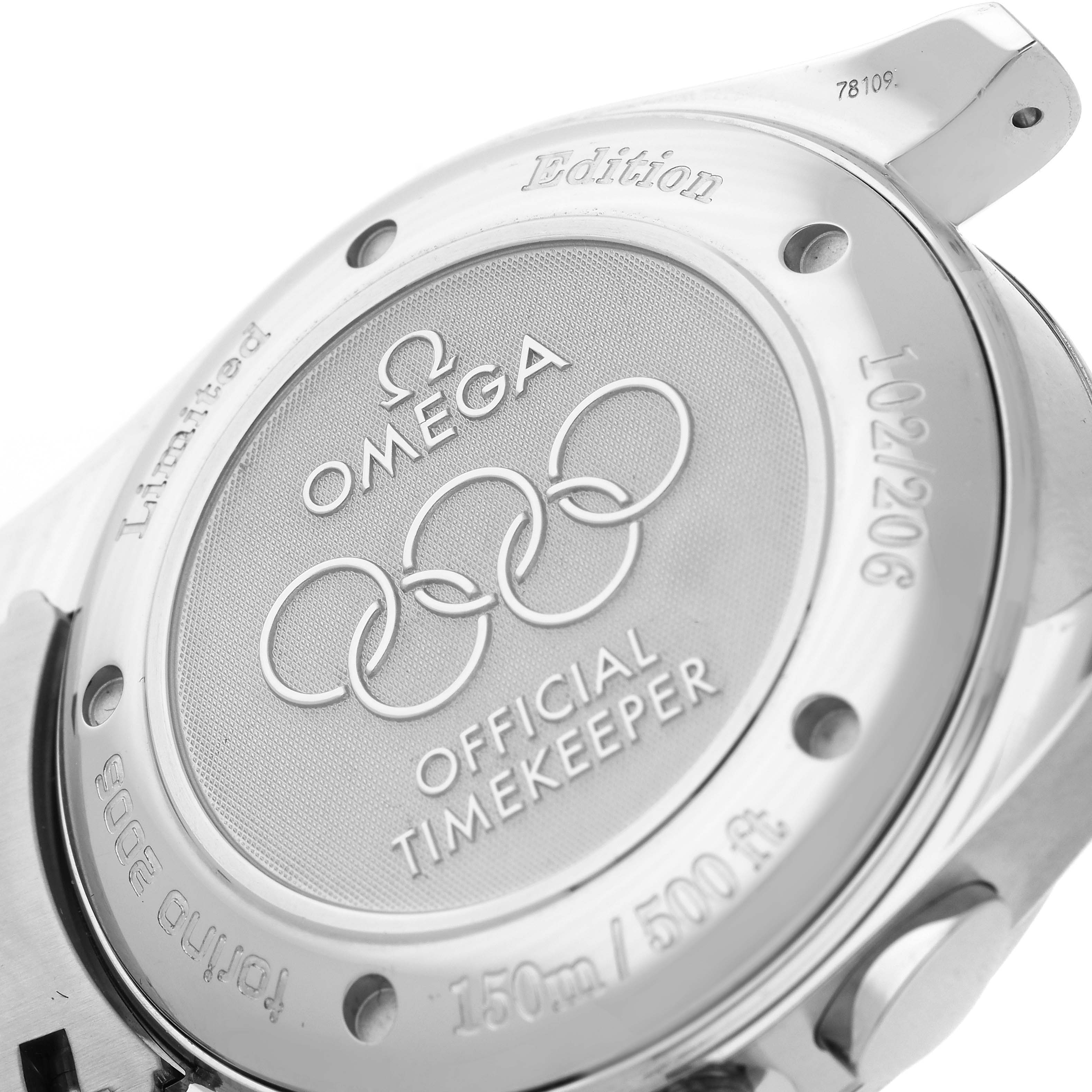 The image shows the back case of the Omega Aqua Terra 2515.30.00 Men's Stainless Steel Silver Dial 2515.30.00 Men's Stainless Steel Silver Dial watch, highlighting the limited edition markings and Olympic branding.