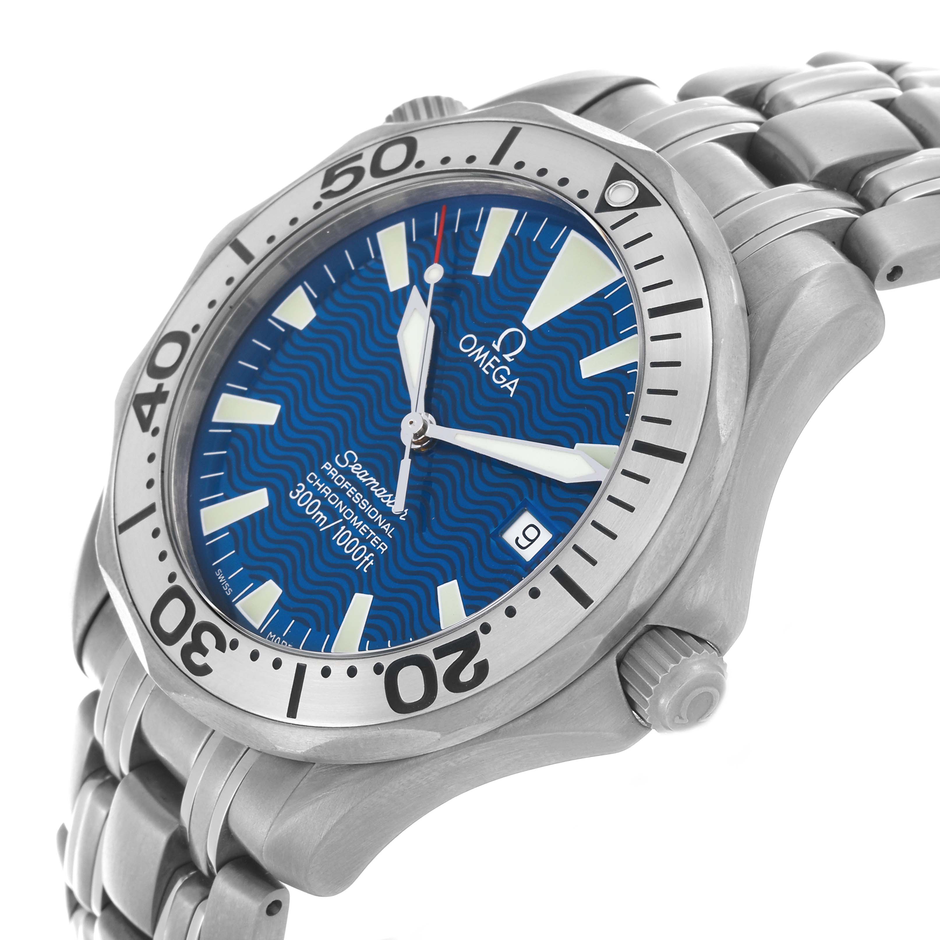 The image shows the Omega Seamaster 2231.80.00 Men's Titanium Blue Dial 2231.80.00 Men's Titanium Blue Dial watch at an angled side view, highlighting its bezel, crown, case, and part of the bracelet.