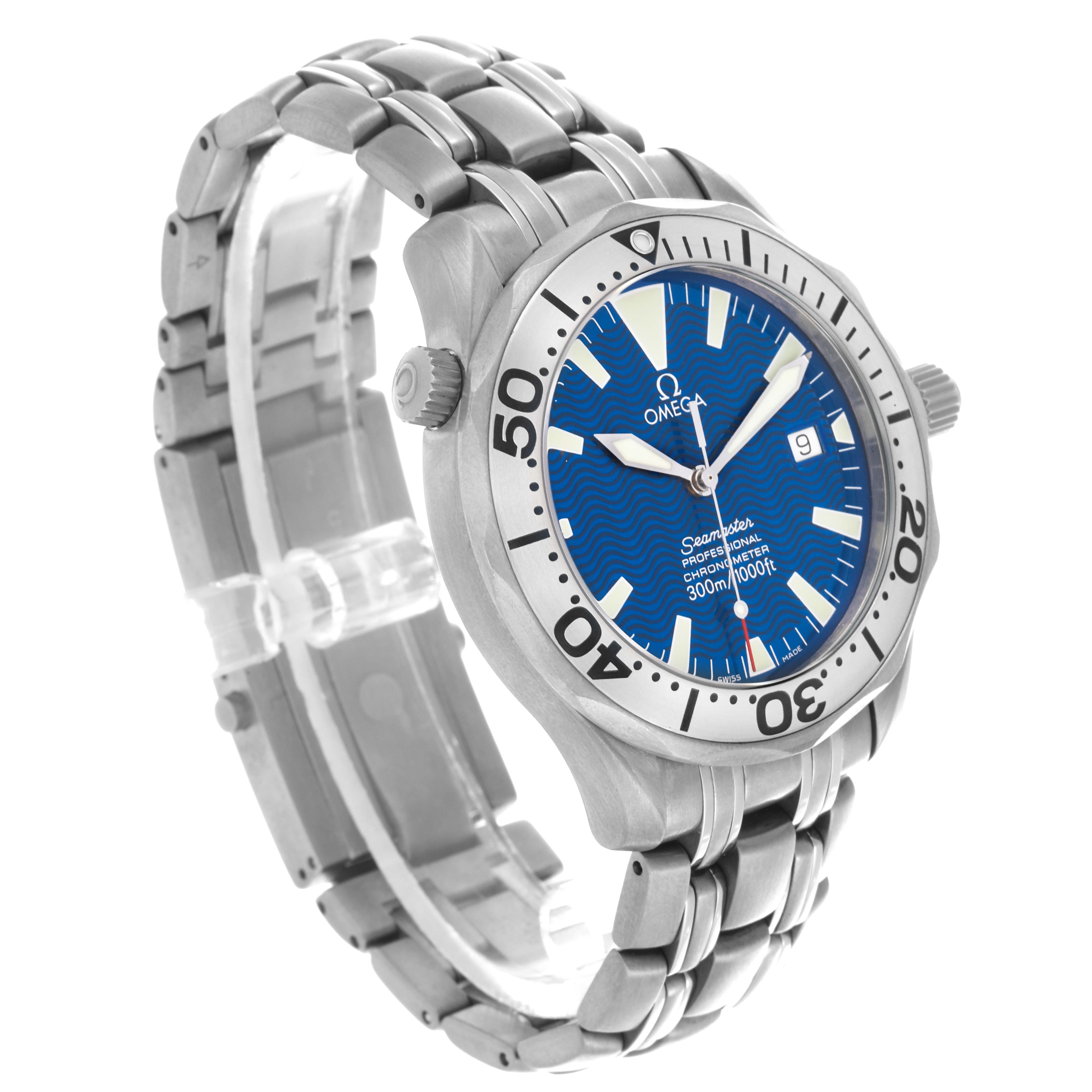 The Omega Seamaster 2231.80.00 Men's Titanium Blue Dial 2231.80.00 Men's Titanium Blue Dial watch is shown at a side angle, displaying the face, bezel, crown, and metal bracelet.