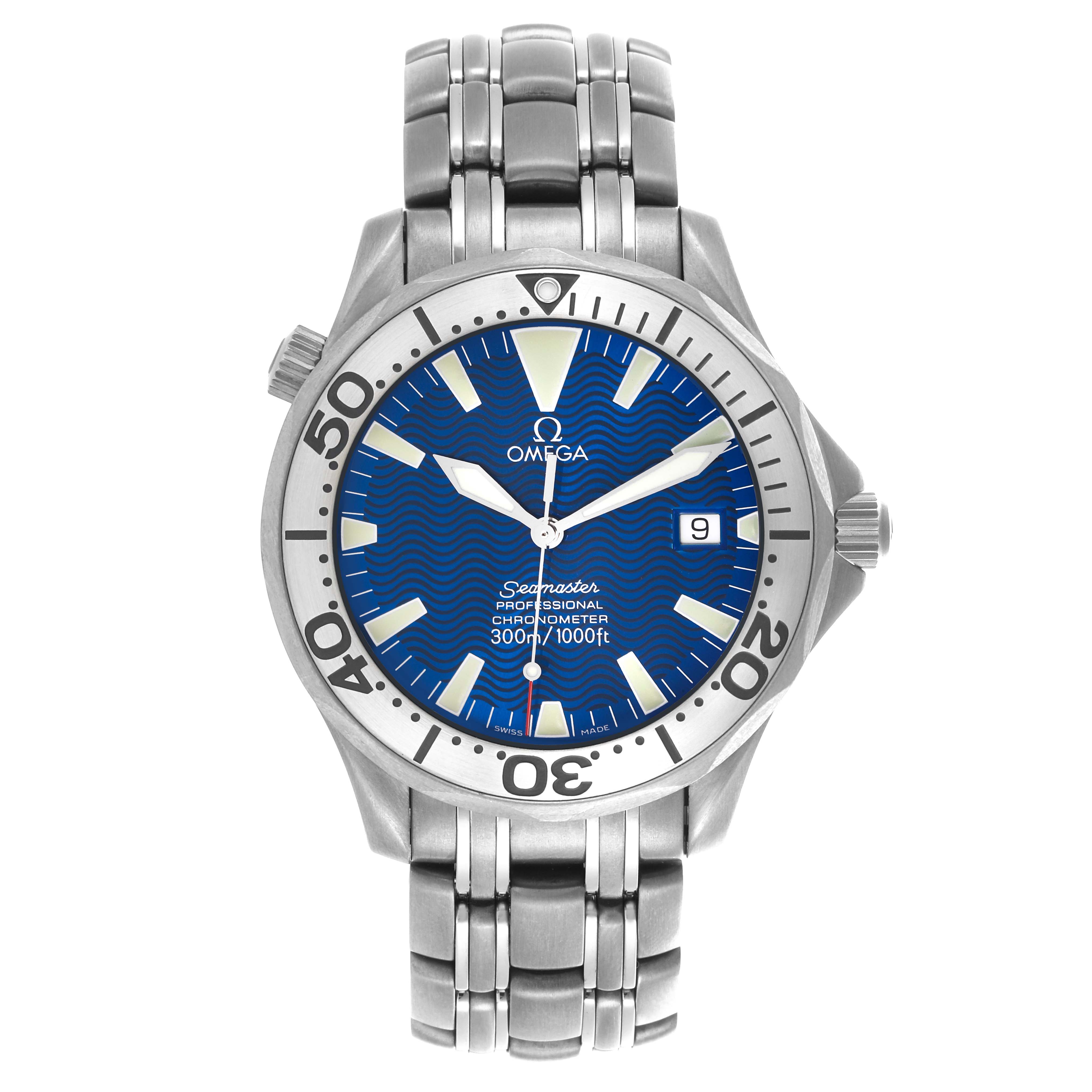 The Omega Seamaster 2231.80.00 Men's Titanium Blue Dial 2231.80.00 Men's Titanium Blue Dial watch is shown from the front, displaying the face, bezel, and part of the stainless steel bracelet.