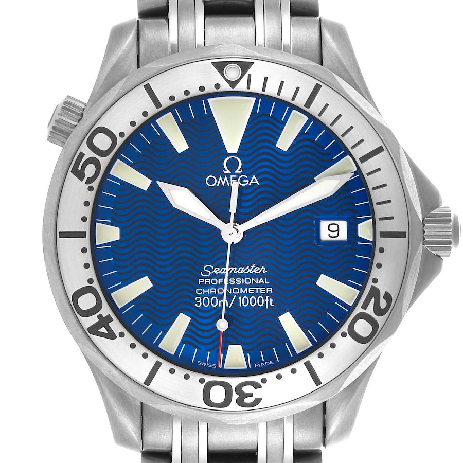 The Omega Seamaster watch is shown from the front, displaying the dial, bezel, and part of the bracelet.