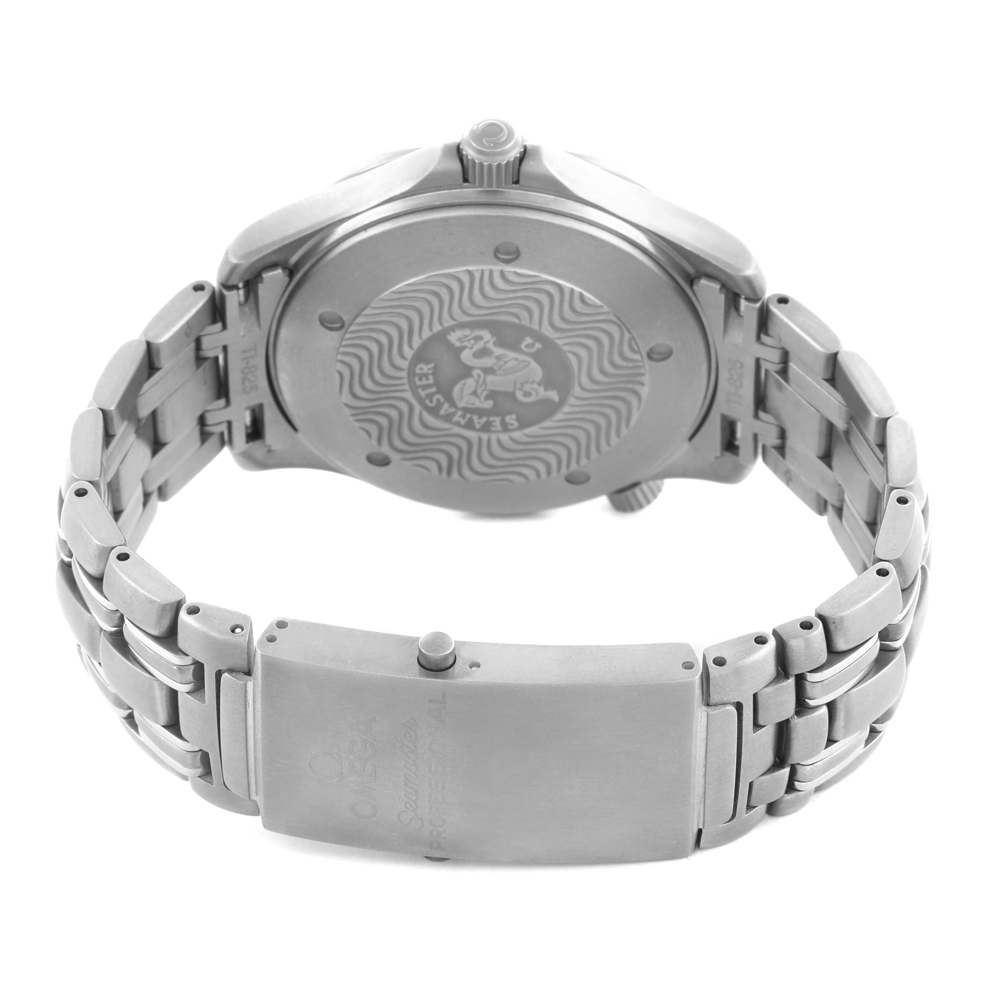 The Omega Seamaster 2231.80.00 Men's Titanium Blue Dial 2231.80.00 Men's Titanium Blue Dial watch is shown from the back, highlighting the case back and clasp on the bracelet.