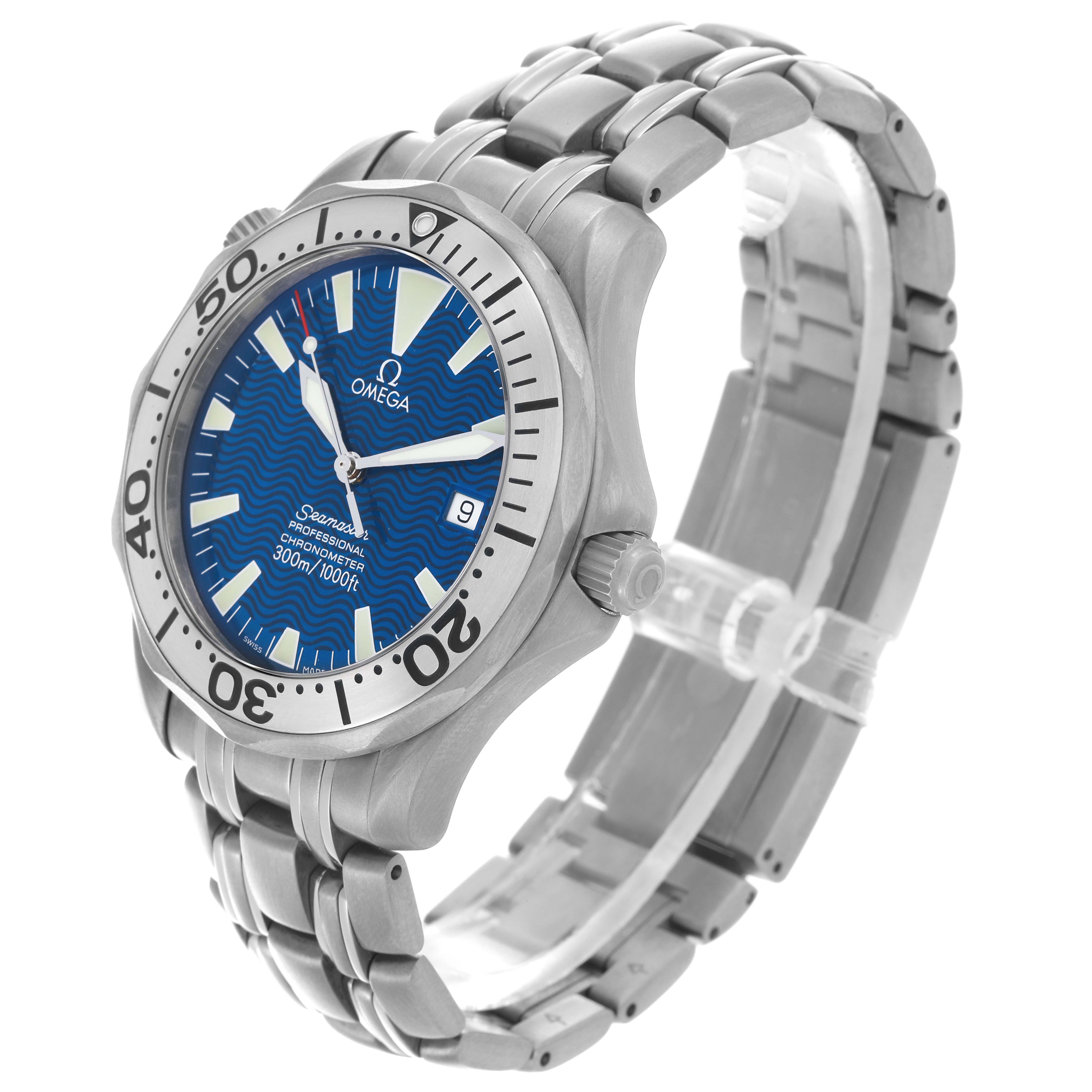The Omega Seamaster 2231.80.00 Men's Titanium Blue Dial 2231.80.00 Men's Titanium Blue Dial watch is shown at a three-quarter angle, revealing the blue dial, bezel, case, and metal bracelet.