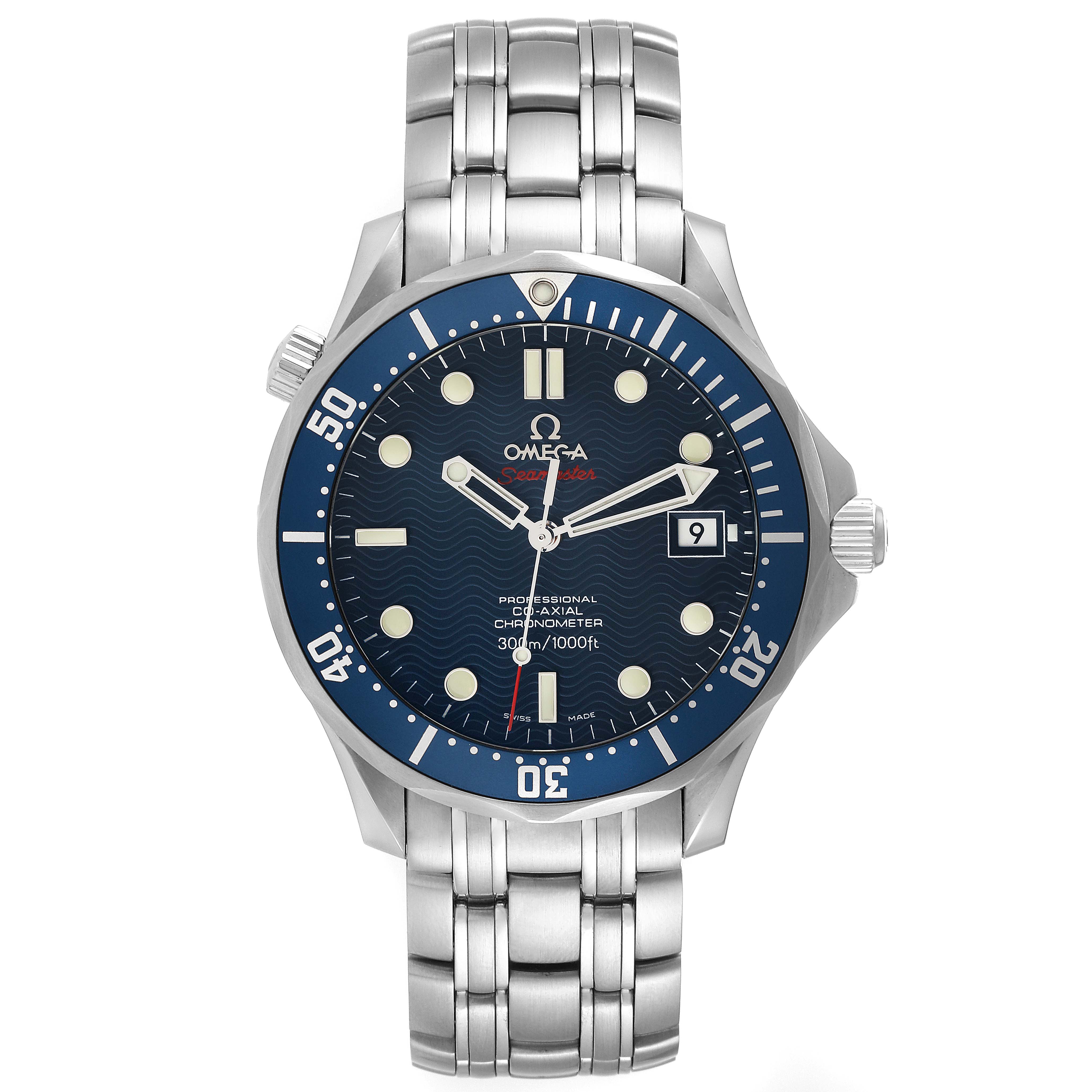 The image shows a head-on view of the Omega Seamaster 2220.80.00 Men
s Stainless Steel Blue Dial 2220.80.00 Men
s Stainless Steel Blue Dial watch, highlighting its blue dial, bezel, and metal bracelet.