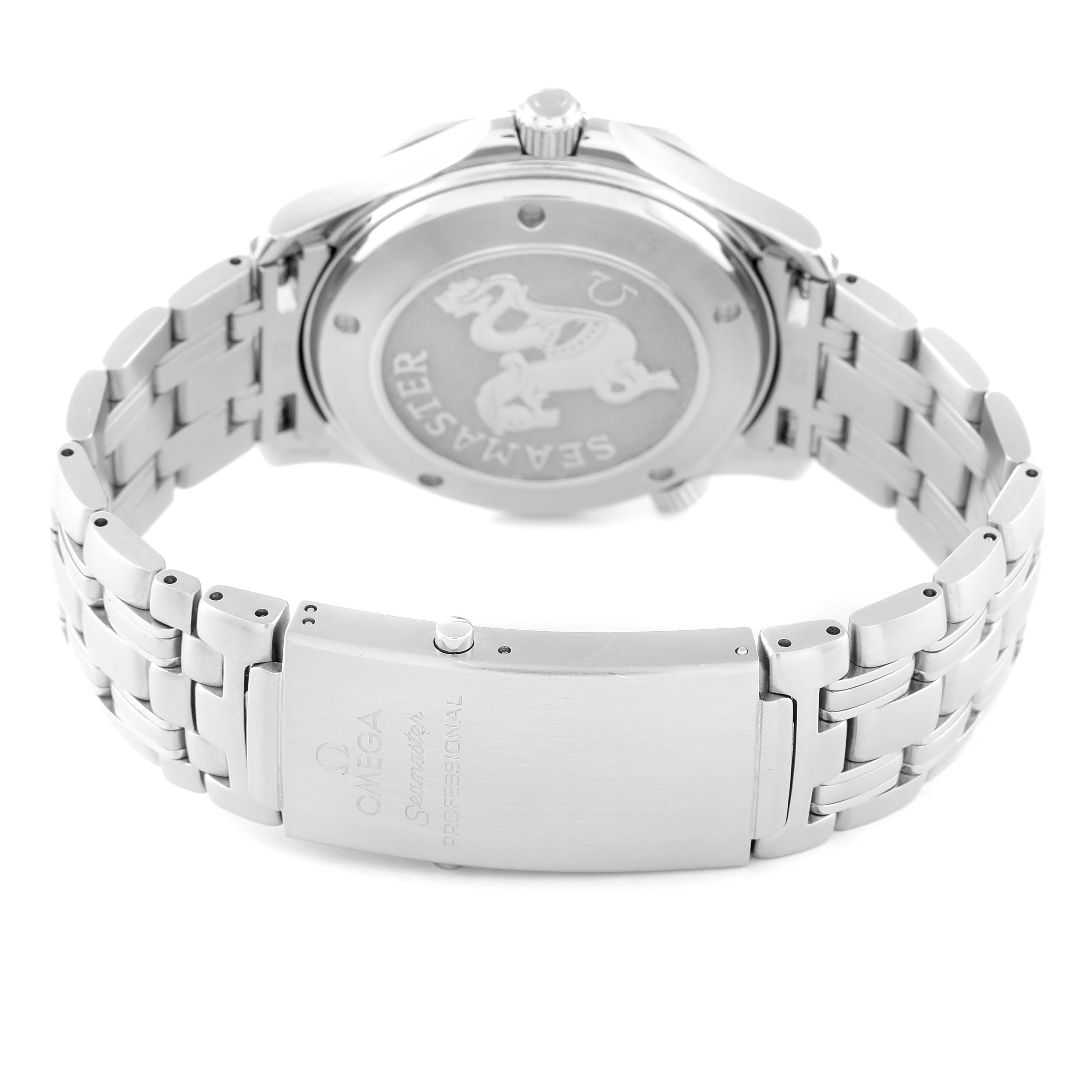 The image shows the back and bracelet of an Omega Seamaster 2220.80.00 Men
s Stainless Steel Blue Dial 2220.80.00 Men
s Stainless Steel Blue Dial watch from a rear angle.