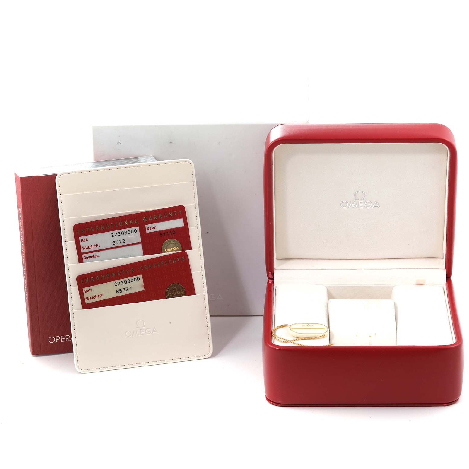 The image shows the packaging, warranty cards, and certificates for an Omega Seamaster 2220.80.00 Men
s Stainless Steel Blue Dial 2220.80.00 Men
s Stainless Steel Blue Dial watch, along with its open red box.