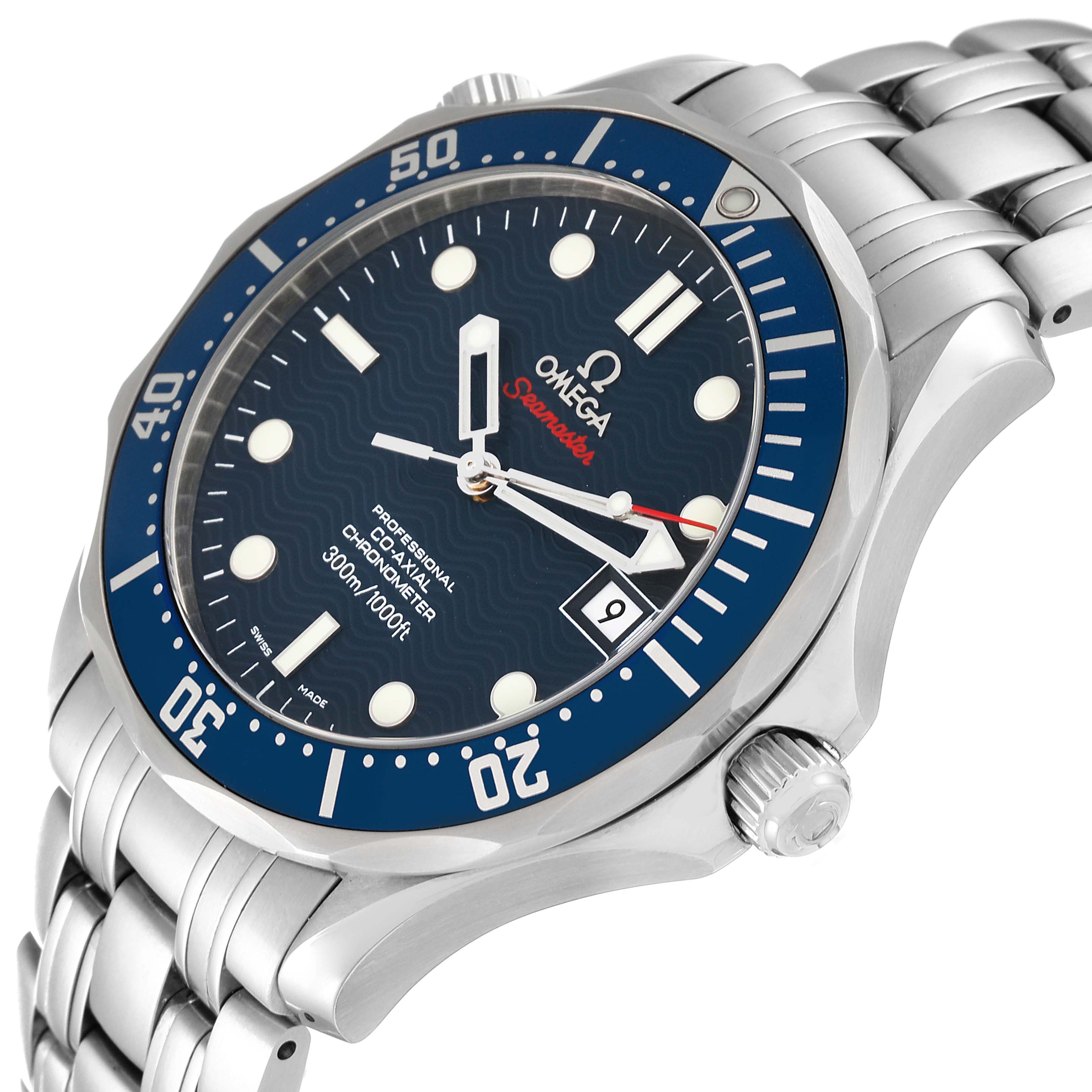 The image shows an Omega Seamaster 2220.80.00 Men
s Stainless Steel Blue Dial 2220.80.00 Men
s Stainless Steel Blue Dial watch at an angle, highlighting its face, bezel, crown, and bracelet.