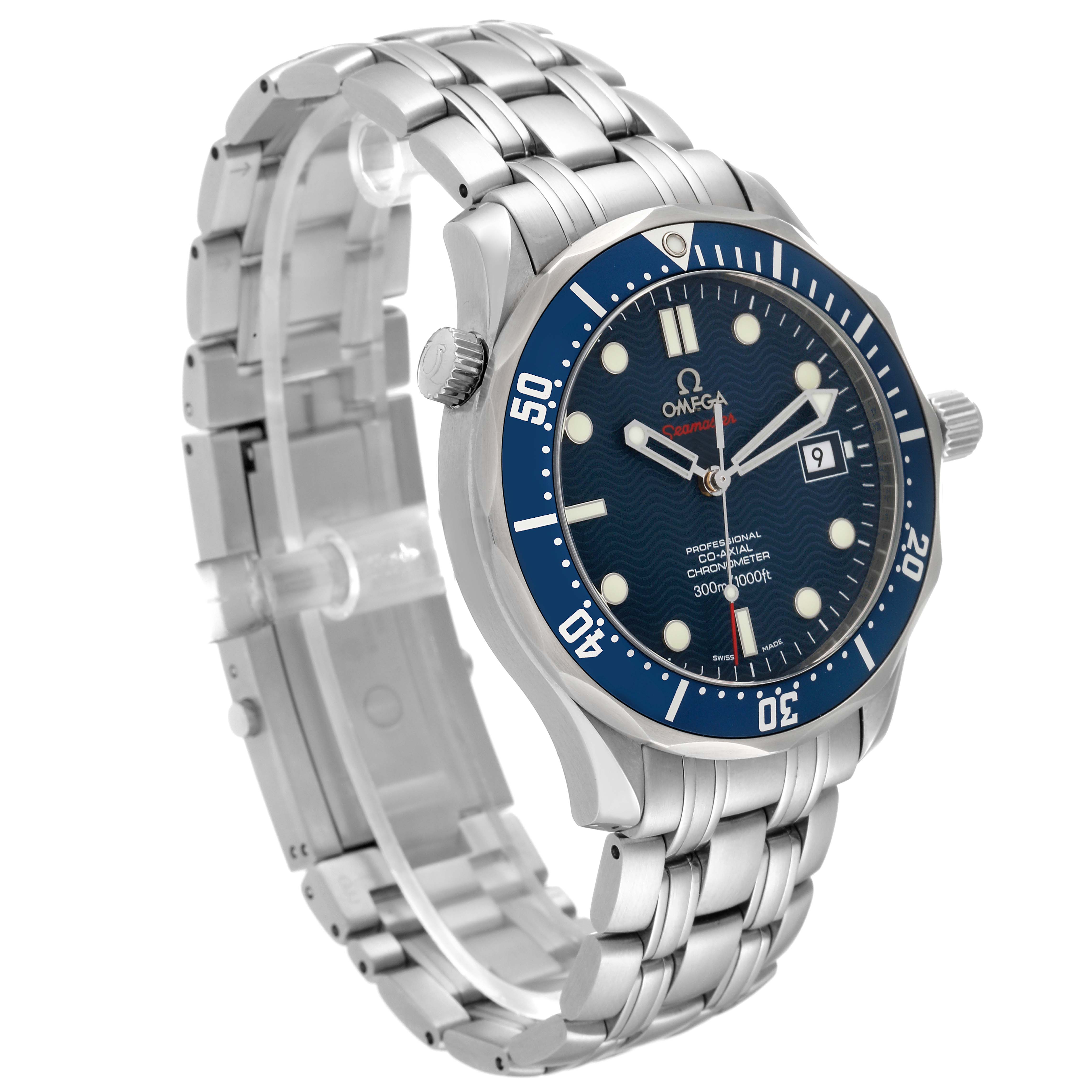The image shows an Omega Seamaster 2220.80.00 Men
s Stainless Steel Blue Dial 2220.80.00 Men
s Stainless Steel Blue Dial watch at a three-quarter angle, displaying the bracelet, case, bezel, and face.