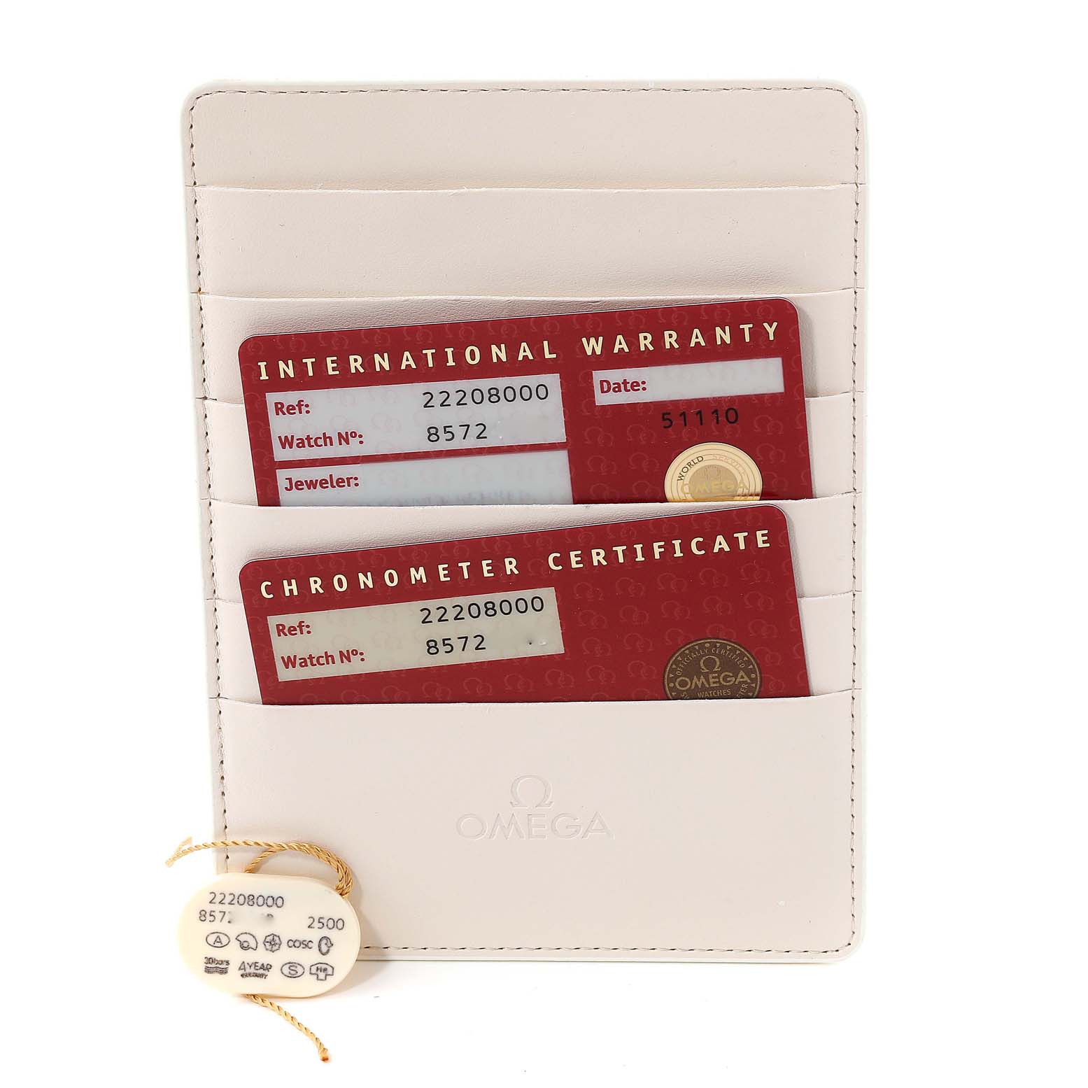 This image shows the warranty and chronometer certificate cards for an Omega Seamaster 2220.80.00 Men
s Stainless Steel Blue Dial 2220.80.00 Men
s Stainless Steel Blue Dial watch along with a tag, all placed in a cardholder.