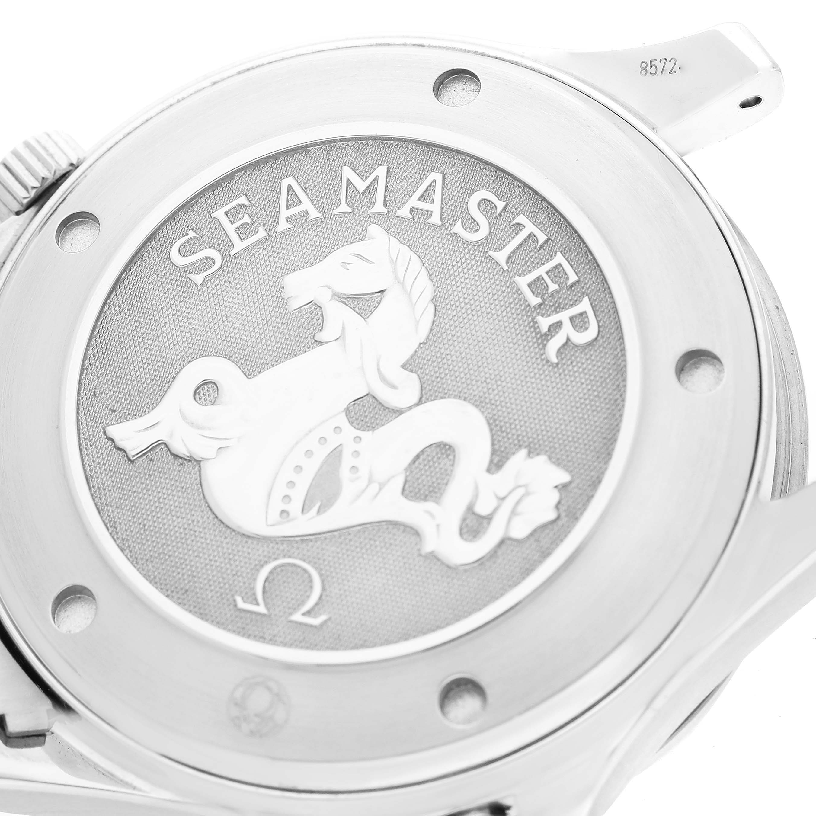 The image shows the back case of an Omega Seamaster 2220.80.00 Men
s Stainless Steel Blue Dial 2220.80.00 Men
s Stainless Steel Blue Dial watch, highlighting its engraved design and logo.