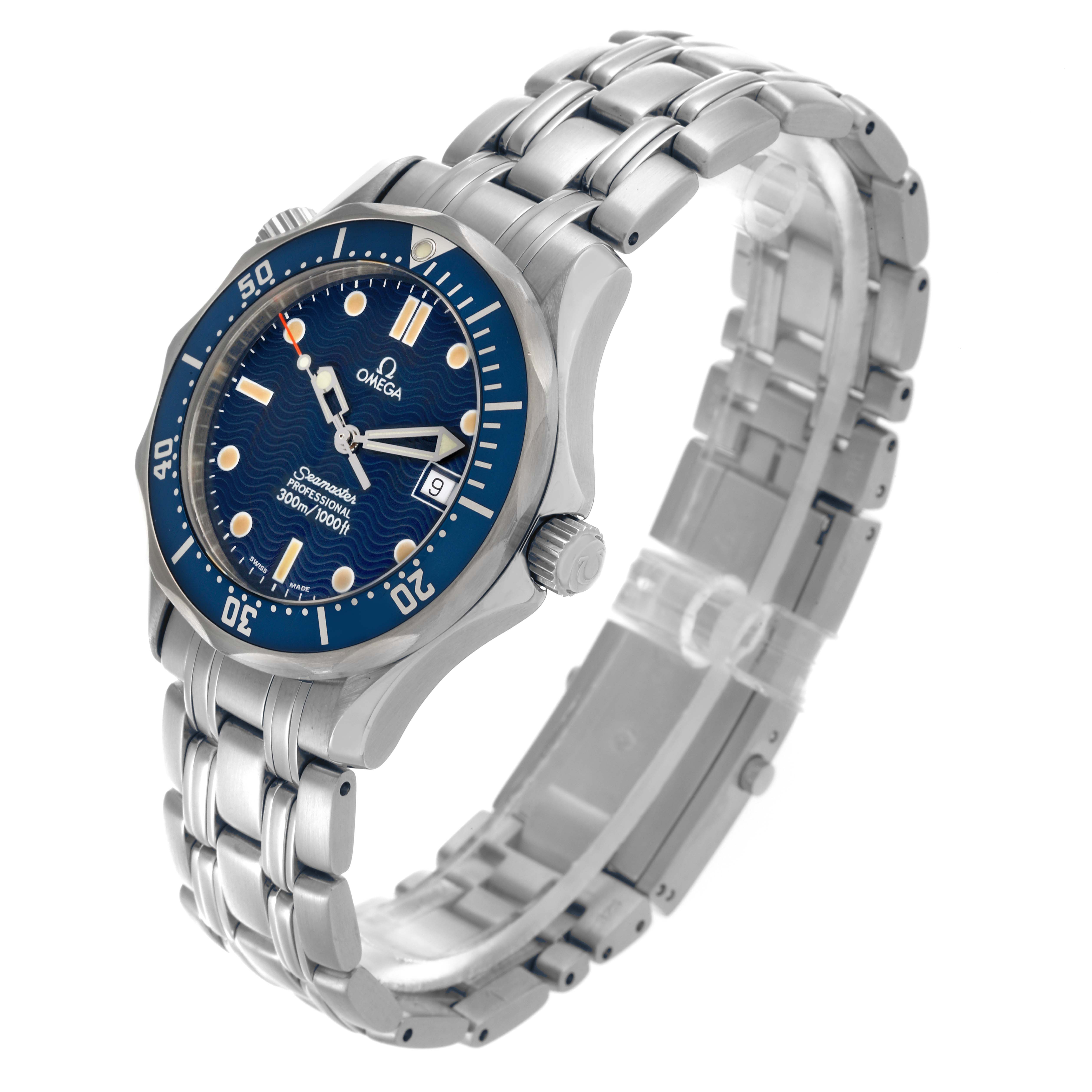 The Omega Seamaster 2561.80.00 Men
s Stainless Steel Blue Dial 2561.80.00 Men
s Stainless Steel Blue Dial watch is shown at a three-quarter angle, highlighting the face, bezel, crown, and bracelet.