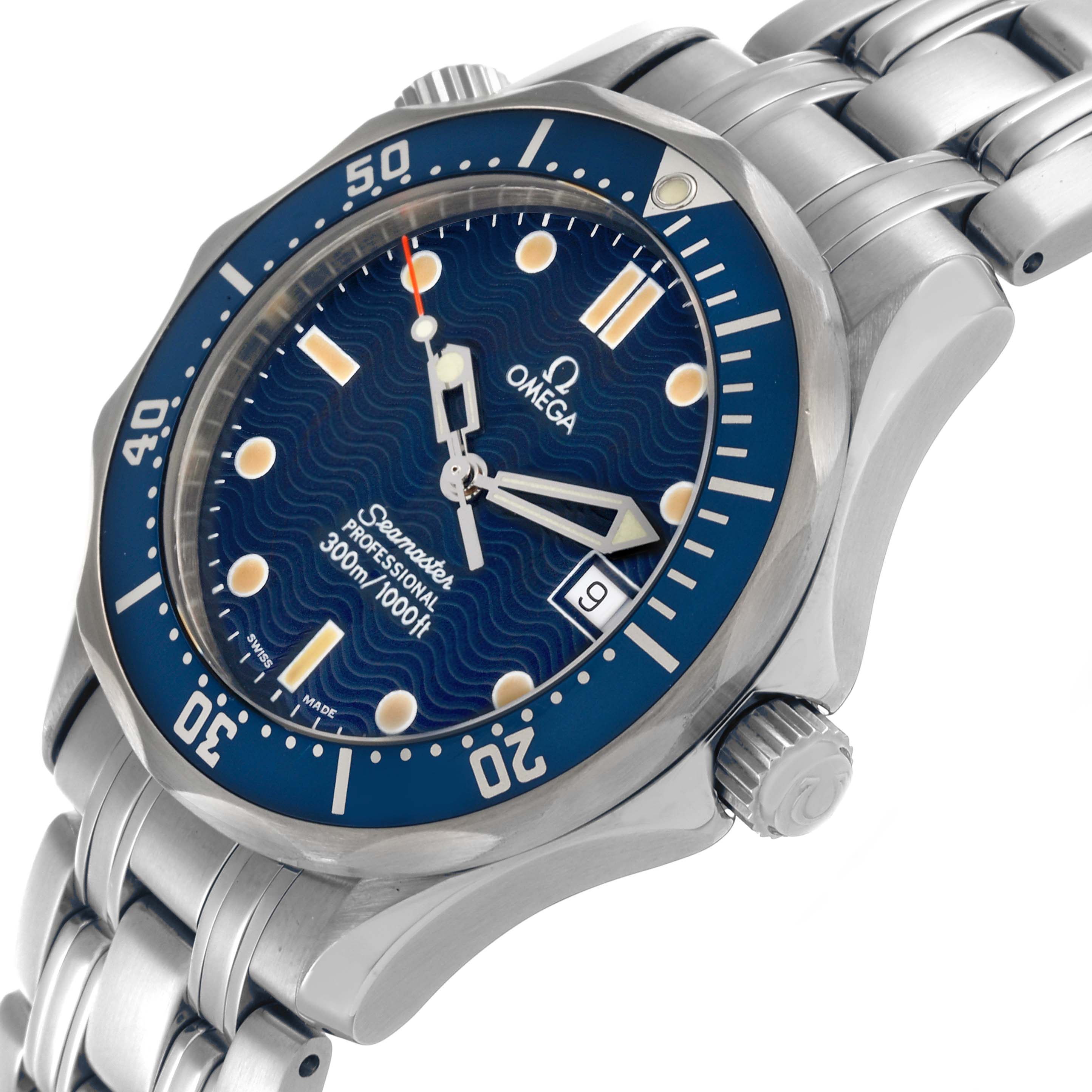 The image shows a side angle of the Omega Seamaster 2561.80.00 Men
s Stainless Steel Blue Dial 2561.80.00 Men
s Stainless Steel Blue Dial, highlighting the dial, bezel, crown, and bracelet.