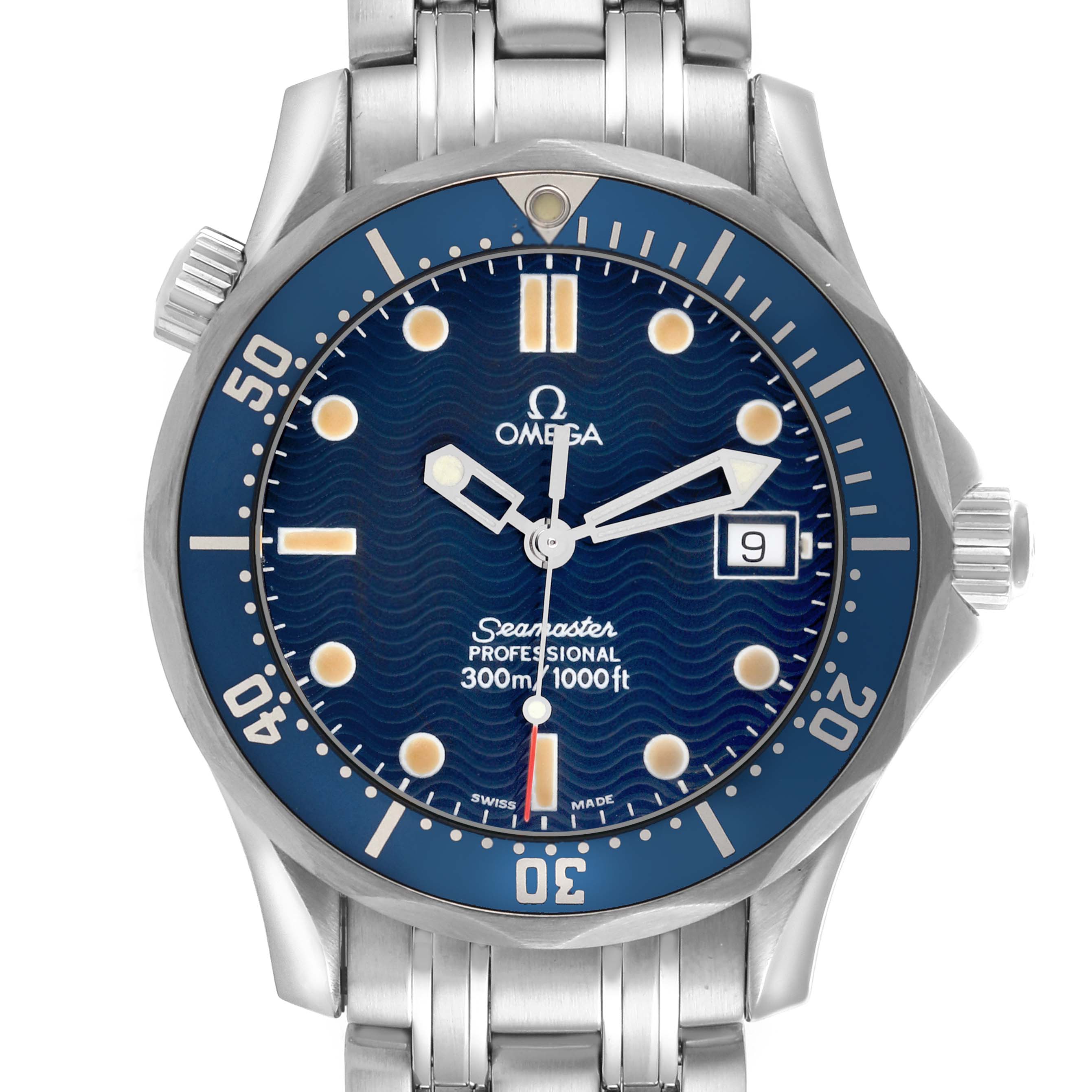The Omega Seamaster 2561.80.00 Men
s Stainless Steel Blue Dial 2561.80.00 Men
s Stainless Steel Blue Dial is shown from a top view, displaying its face, bezel, and part of the bracelet.