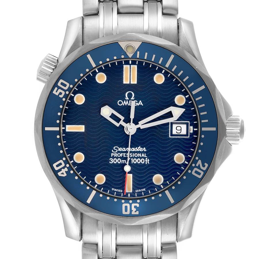 The Omega Seamaster is shown from a top view, displaying its face, bezel, and part of the bracelet.