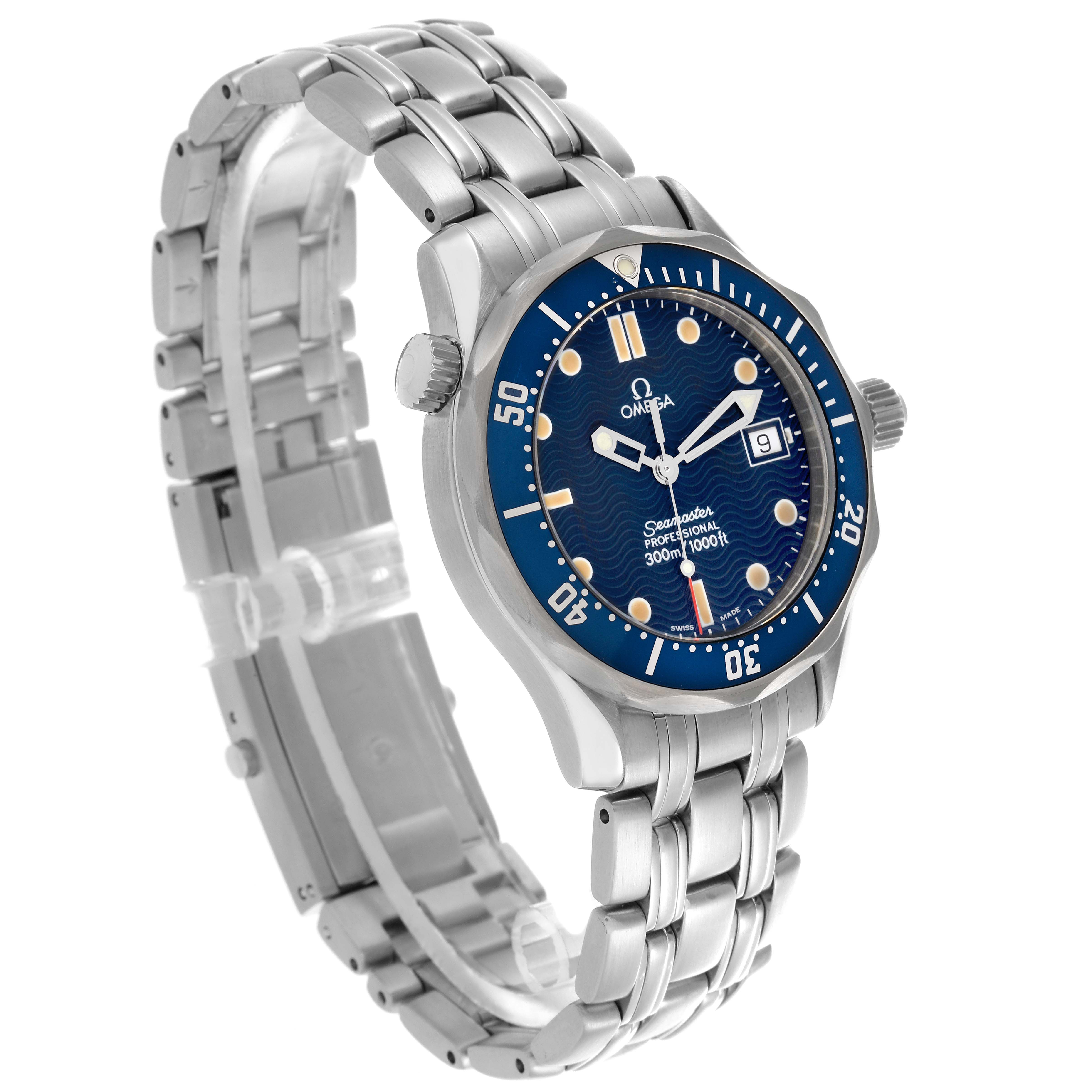 The Omega Seamaster 2561.80.00 Men
s Stainless Steel Blue Dial 2561.80.00 Men
s Stainless Steel Blue Dial watch is shown at a three-quarter angle, highlighting the dial, bezel, bracelet, and crown.