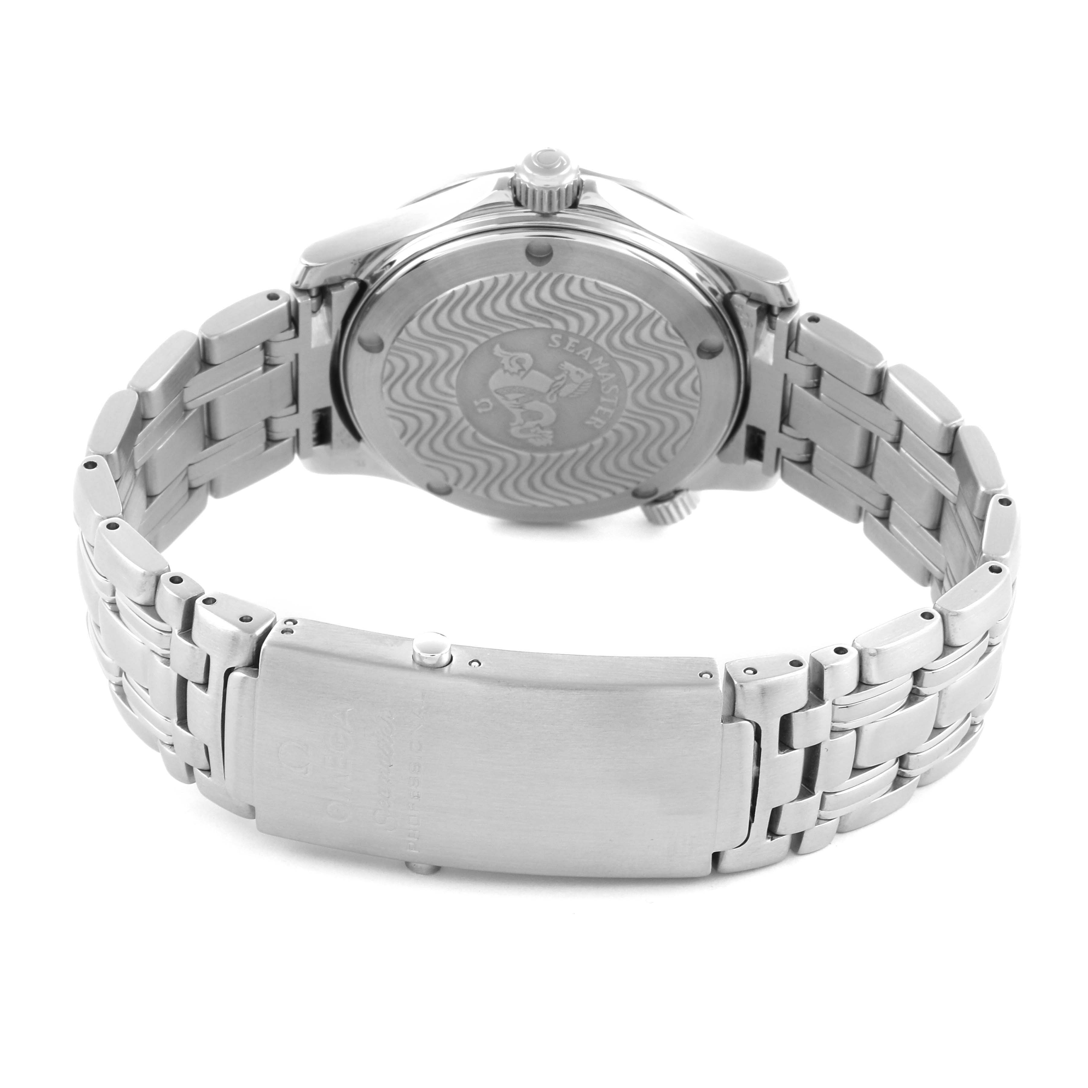 The image shows the back case and bracelet clasp of an Omega Seamaster 2561.80.00 Men
s Stainless Steel Blue Dial 2561.80.00 Men
s Stainless Steel Blue Dial watch from a rear angle.