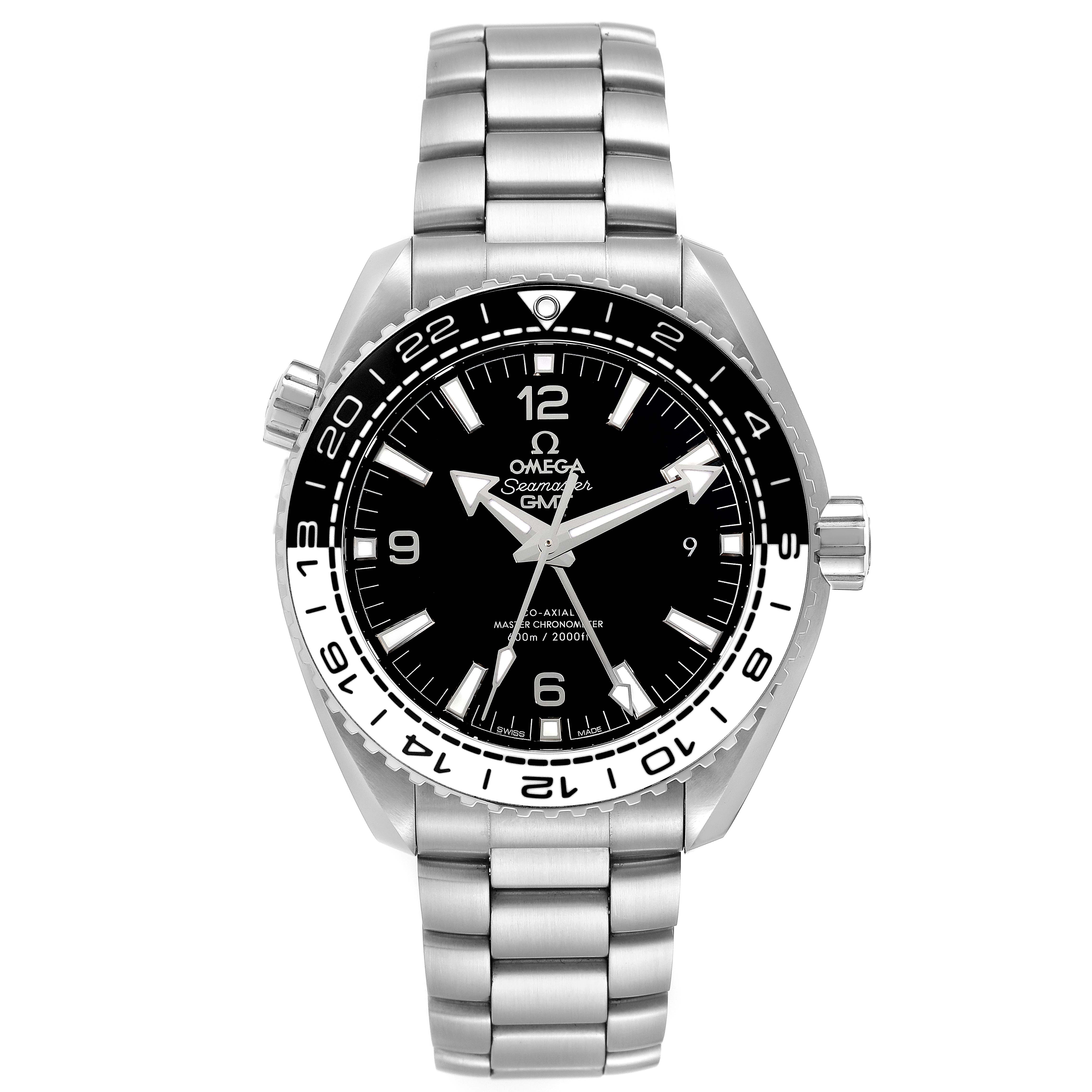 This image shows a front view of an Omega Planet Ocean 215.30.44.22.01.001 Men
s Stainless Steel Black Dial 215.30.44.22.01.001 Men
s Stainless Steel Black Dial model watch, displaying the face, bezel, and stainless steel bracelet.