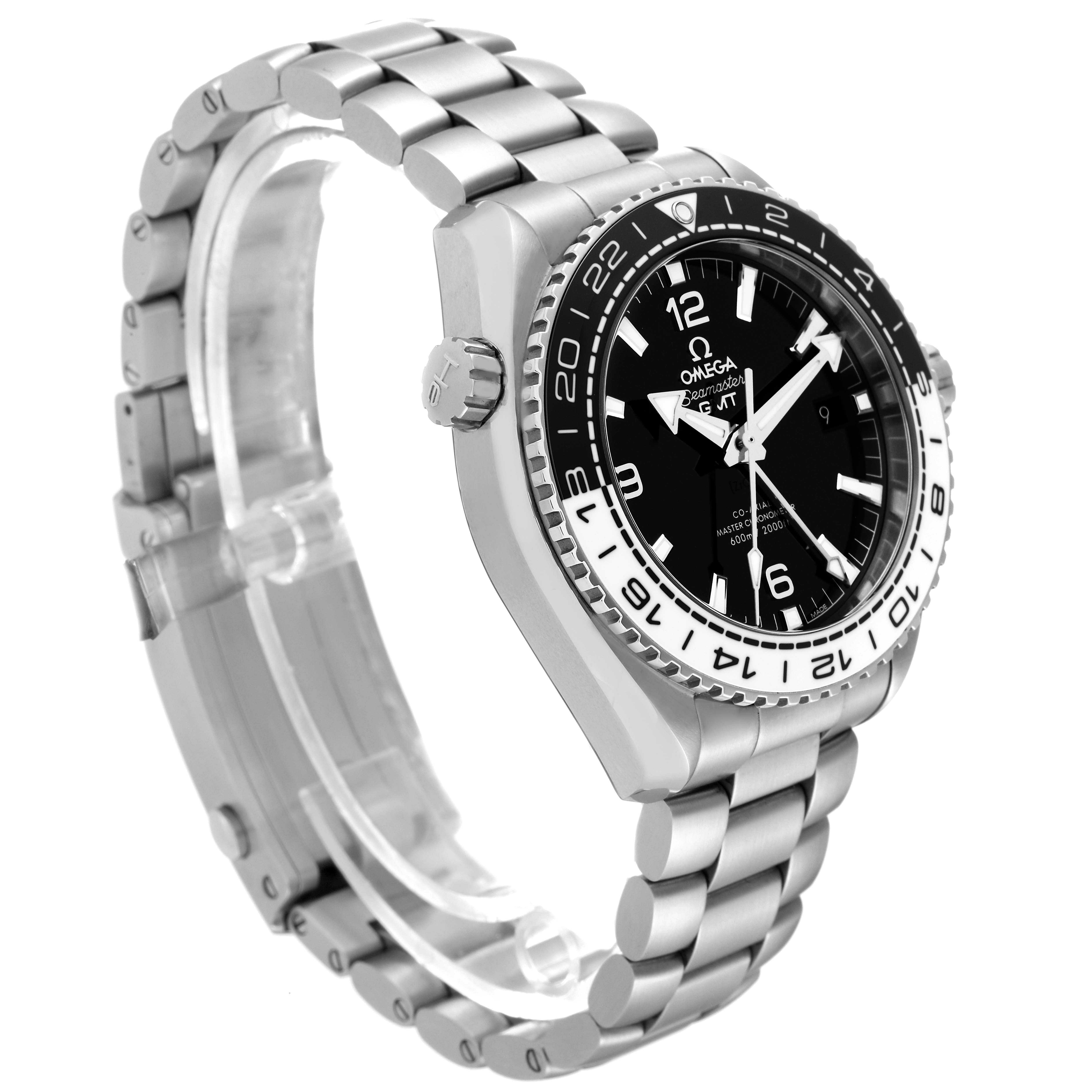 This is a side angle view of the Omega Planet Ocean 215.30.44.22.01.001 Men
s Stainless Steel Black Dial 215.30.44.22.01.001 Men
s Stainless Steel Black Dial watch, showcasing the bezel, dial, crown, and metal bracelet.