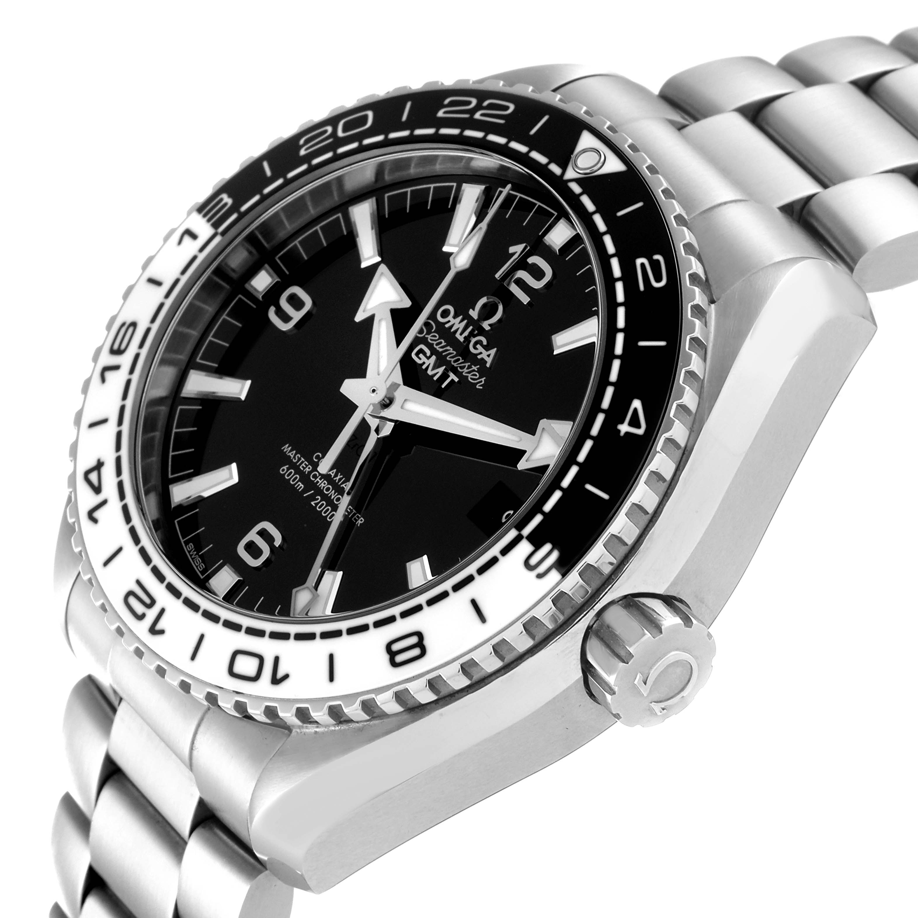 The image shows a close-up of the Omega Planet Ocean 215.30.44.22.01.001 Men
s Stainless Steel Black Dial 215.30.44.22.01.001 Men
s Stainless Steel Black Dial watch, displaying the bezel, face, and part of the bracelet.