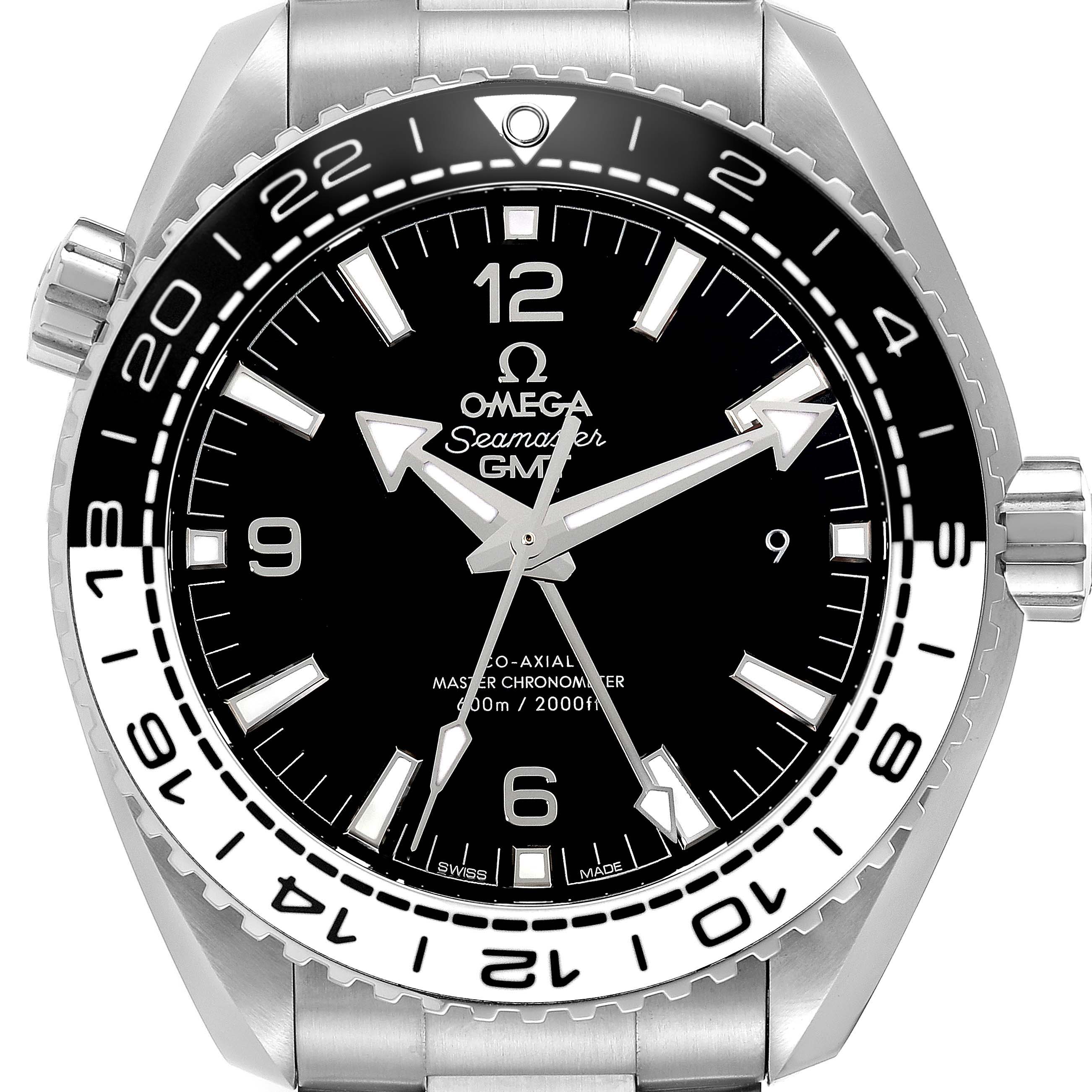This Omega Seamaster Planet Ocean watch is shown from the front, highlighting the dial, bezel, hands, and part of the bracelet.