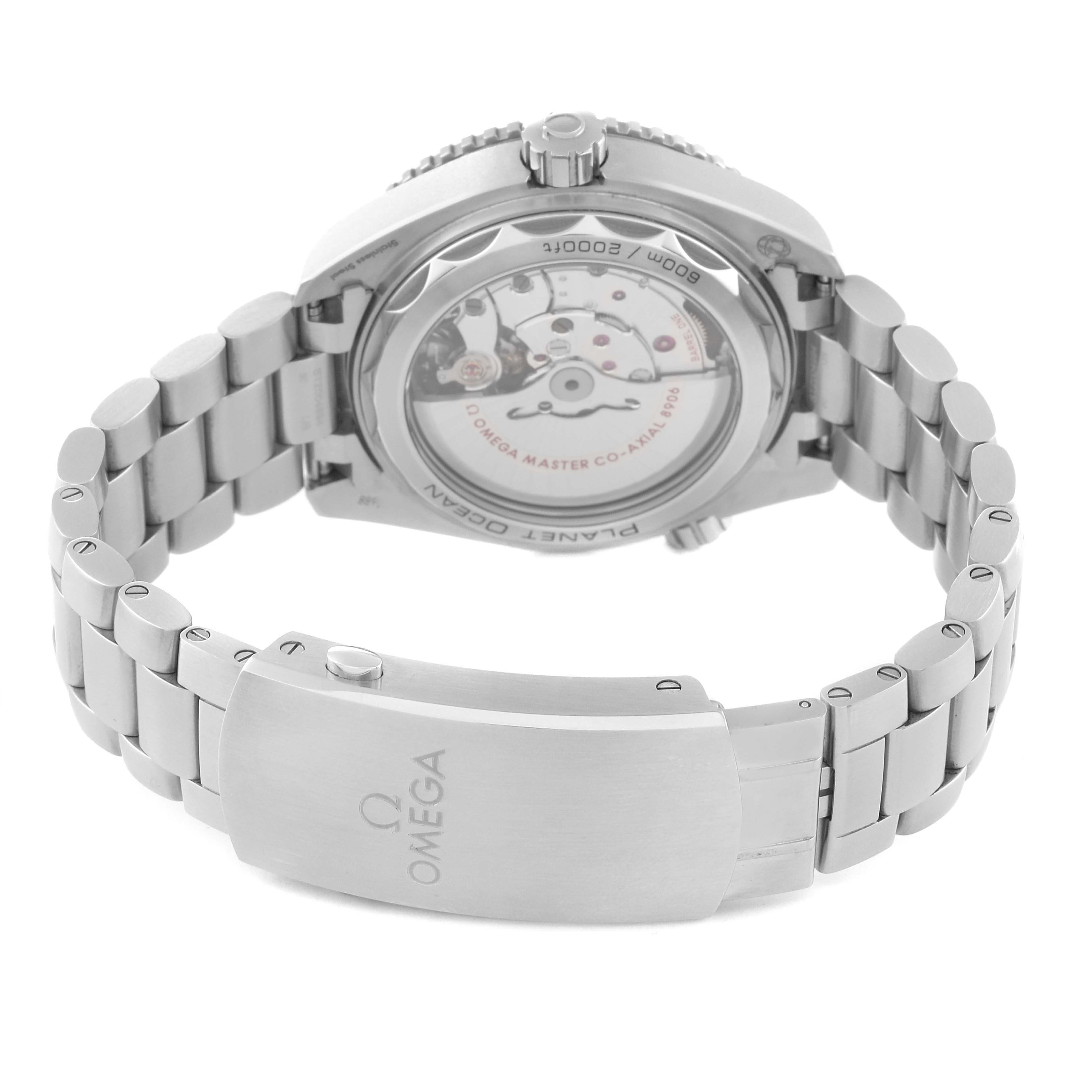 The image shows the back view of the Omega Planet Ocean 215.30.44.22.01.001 Men
s Stainless Steel Black Dial 215.30.44.22.01.001 Men
s Stainless Steel Black Dial watch, highlighting its clasp, bracelet, and transparent case back.