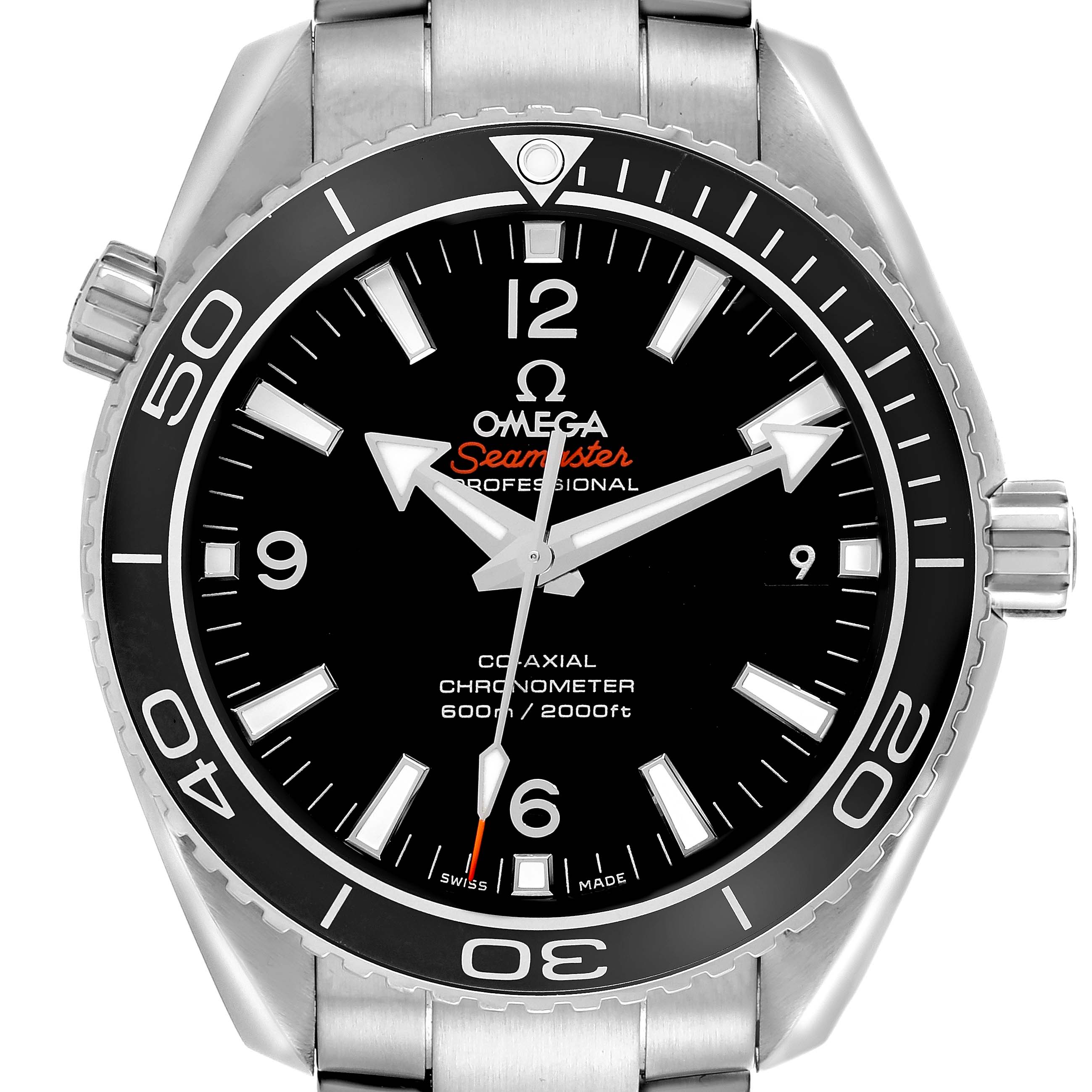 The Omega Seamaster 232.30.42.21.01.003 Men's Stainless Steel Black Dial 232.30.42.21.01.003 Men's Stainless Steel Black Dial watch is shown from the front, displaying the bezel, dial, hands, and crown.