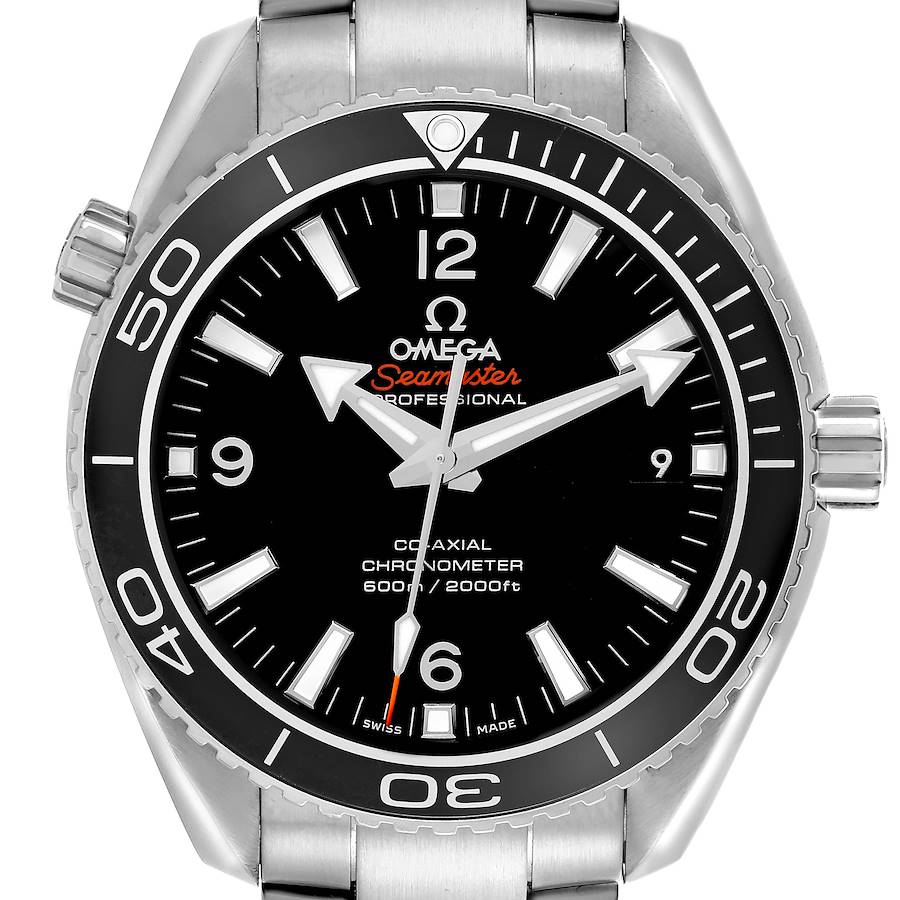 The Omega Seamaster watch is shown from the front, displaying the bezel, dial, hands, and crown.